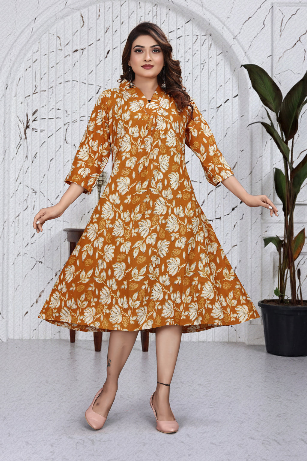 Rust Orange Floral A-Line Dress Kurti | Elegant Everyday Chic Outfit