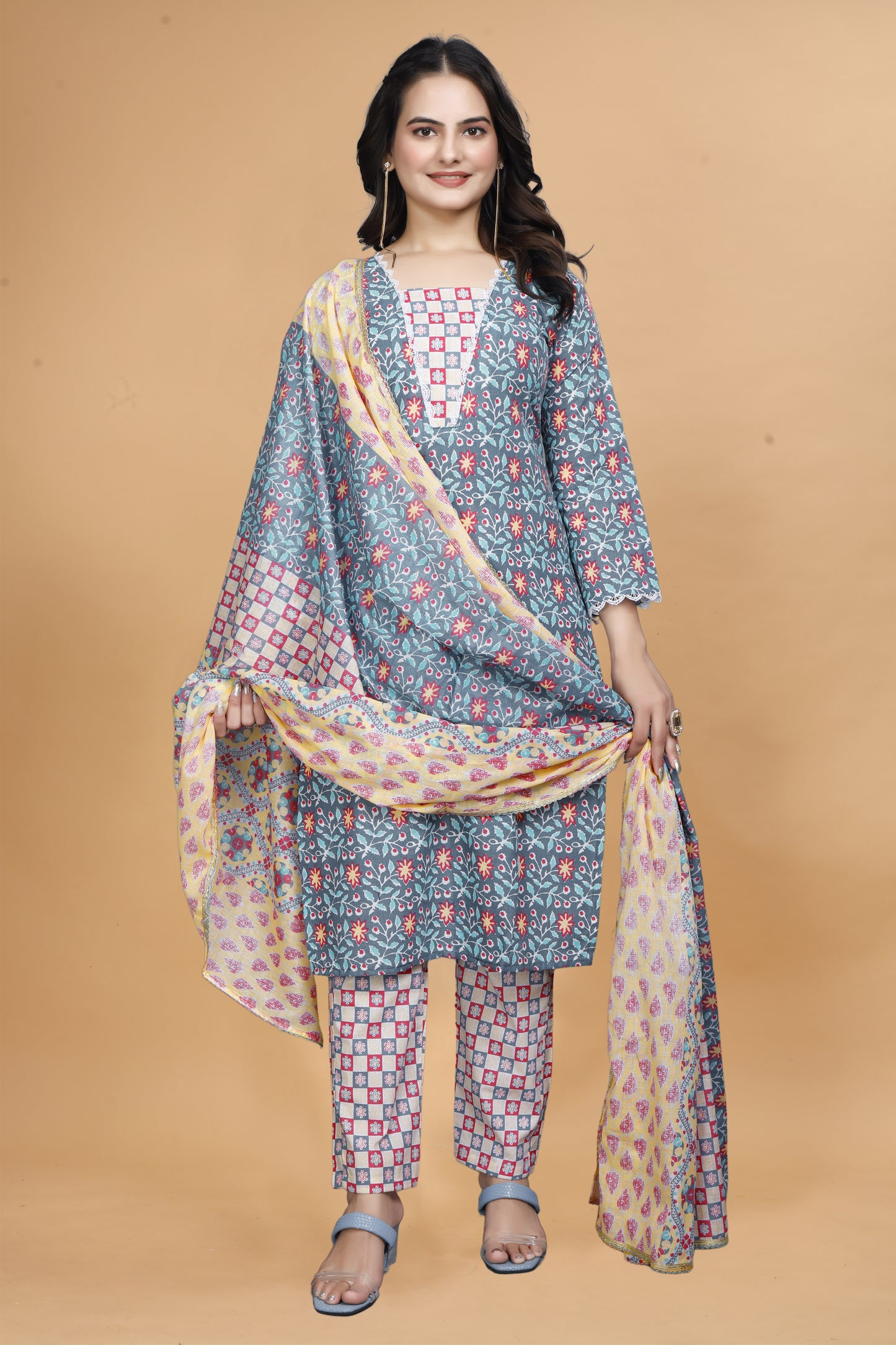 Cyan Blue Cotton Kurta Pant Set with Floral Print & Dupatta
