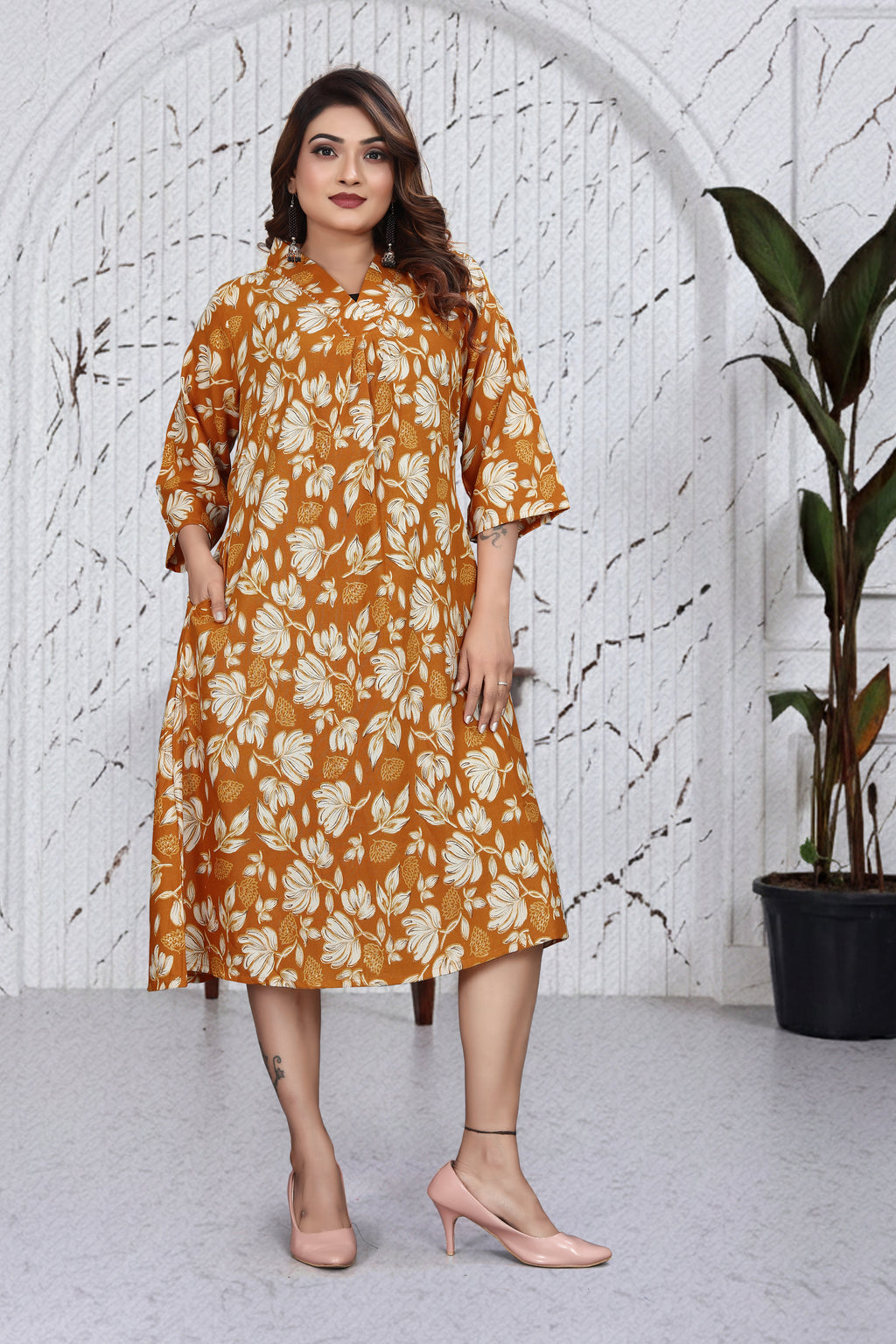 Rust Orange Floral A-Line Dress Kurti | Elegant Everyday Chic Outfit