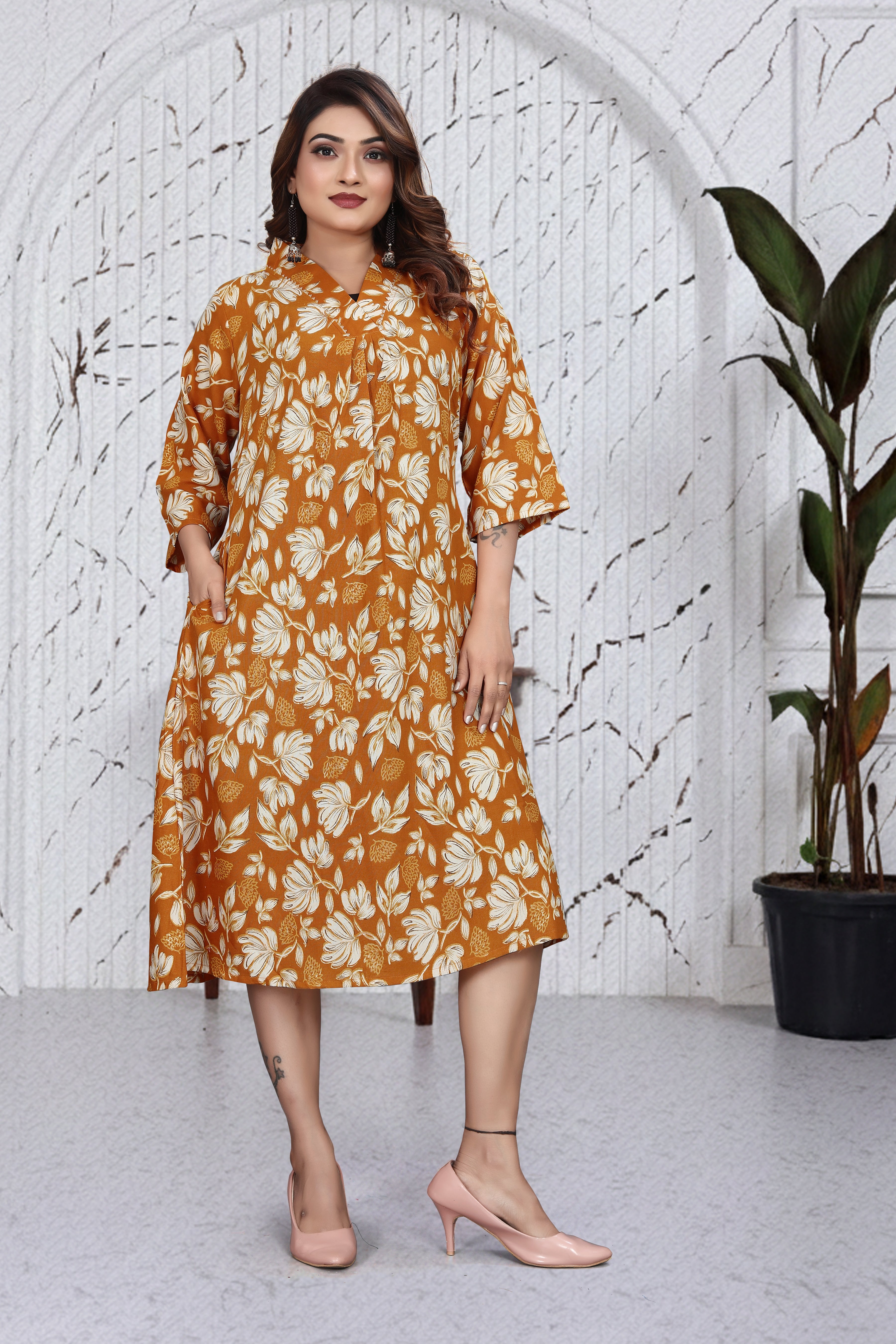Rust Orange Floral A-Line Dress Kurti | Elegant Everyday Chic Outfit