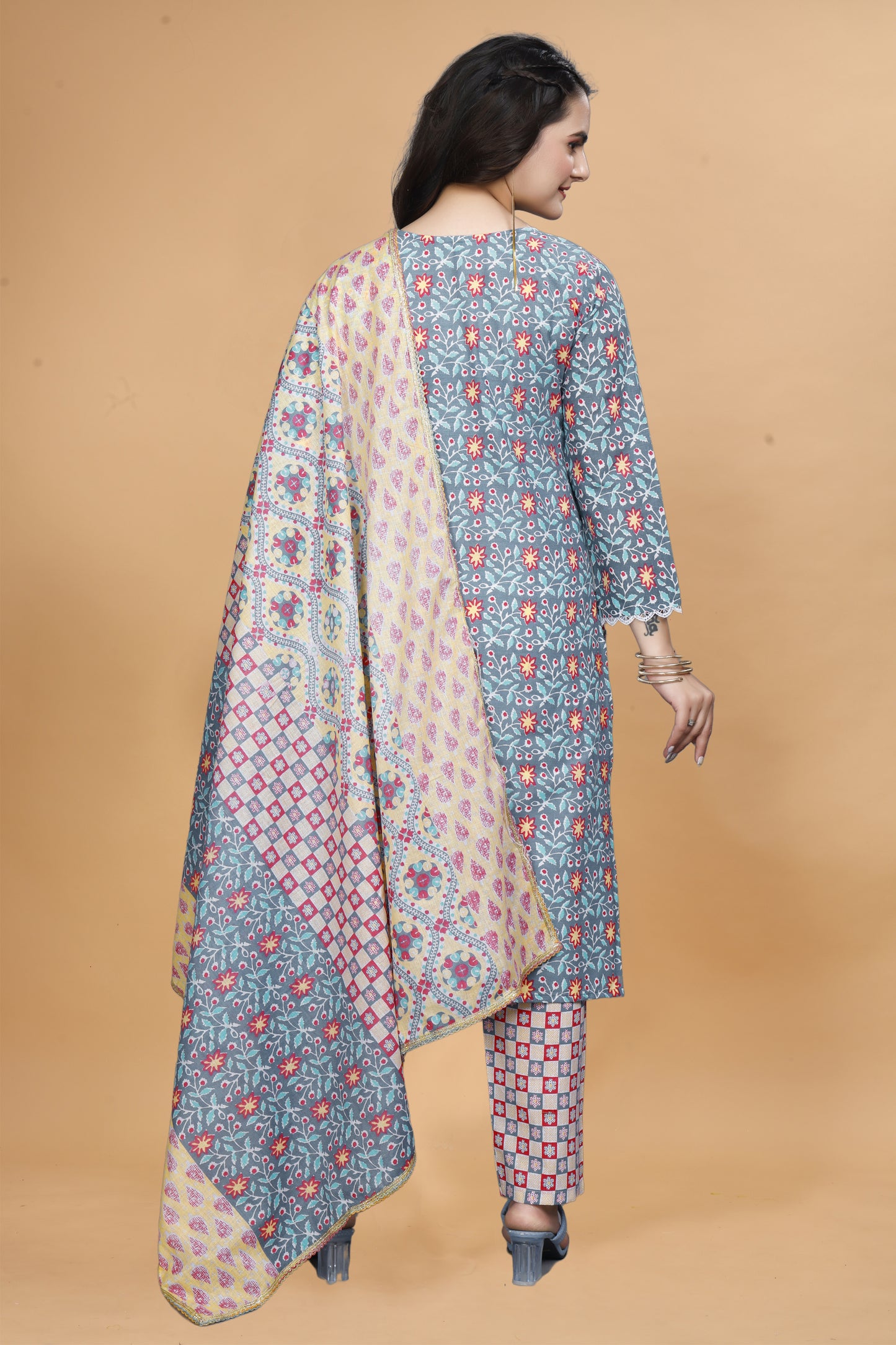 Cyan Blue Cotton Kurta Pant Set with Floral Print & Dupatta