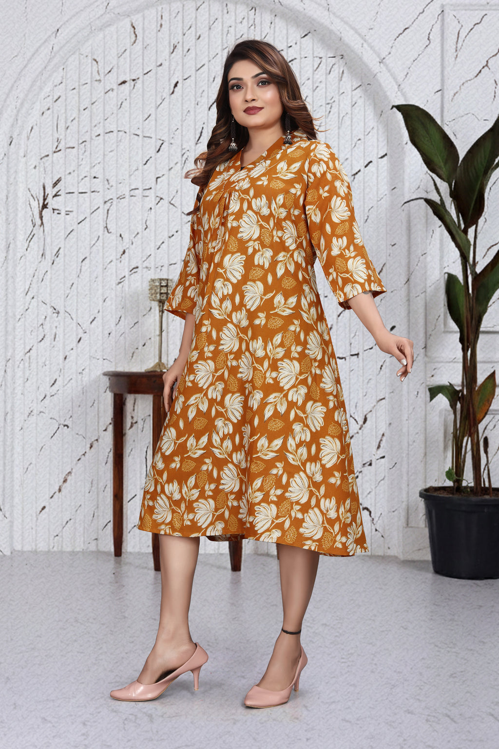 Rust Orange Floral A-Line Dress Kurti | Elegant Everyday Chic Outfit
