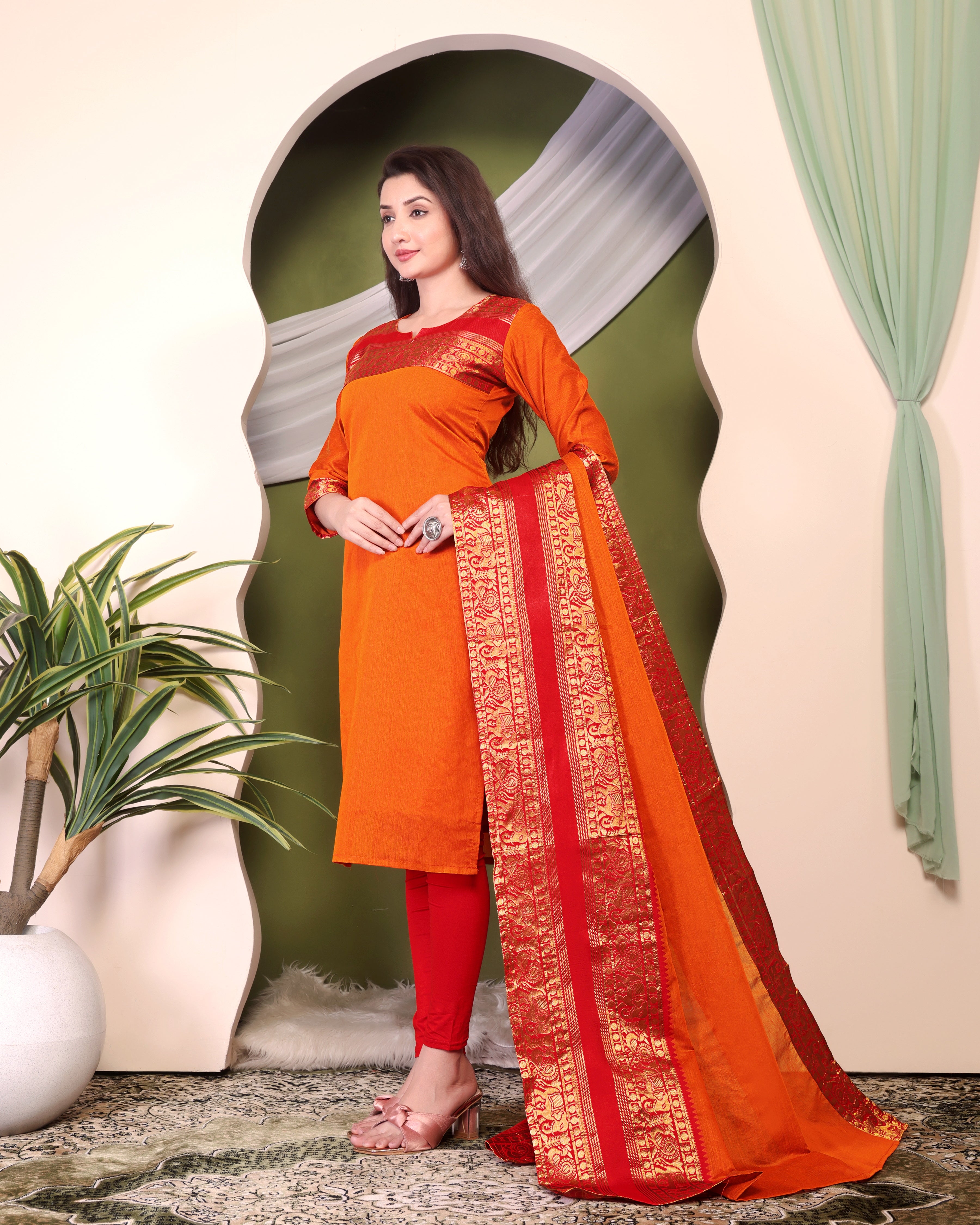 Vibrant Orange Kanchi Cotton Kurti Set with Rich Zari Dupatta