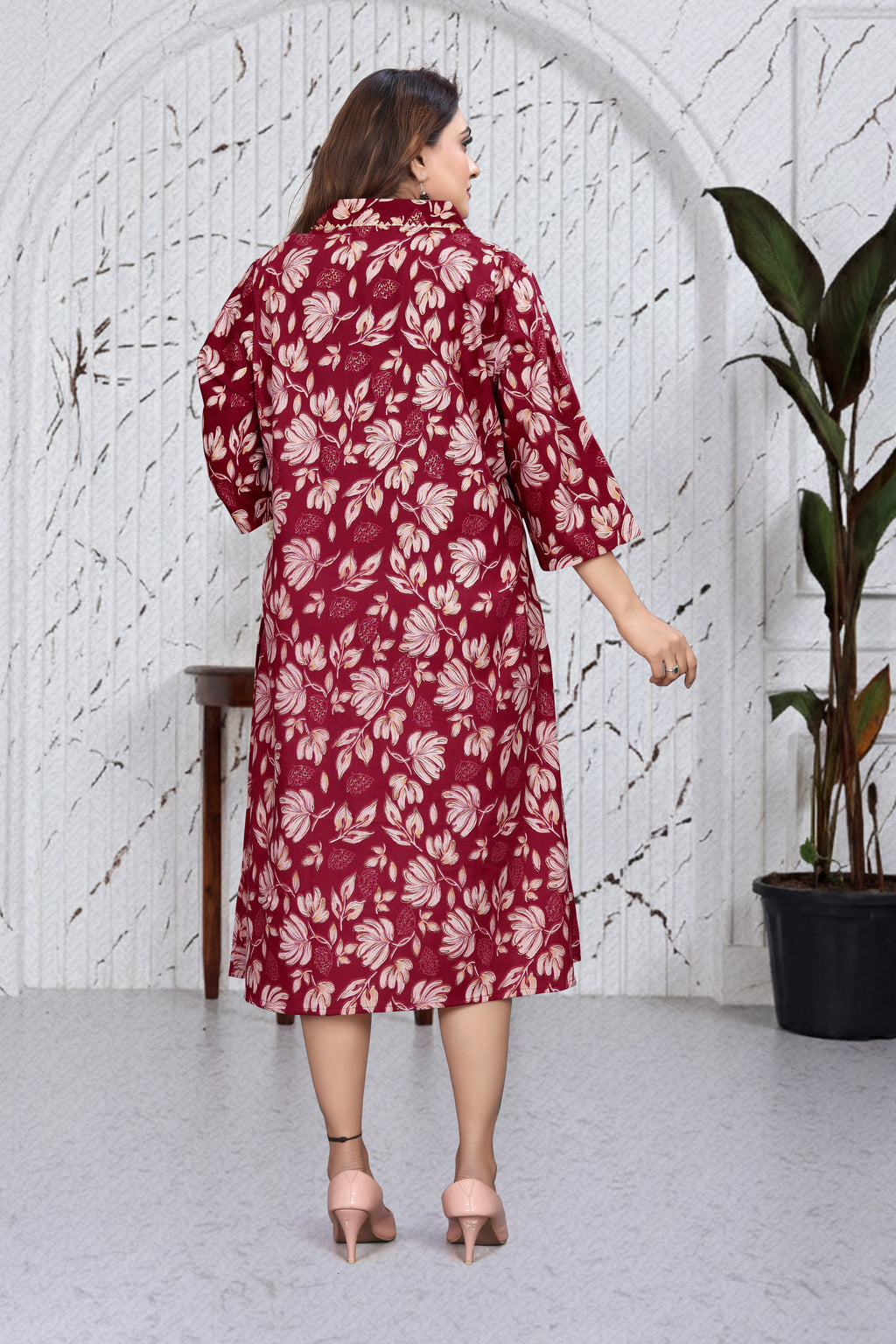 Wine Red Floral A-Line Dress Kurti