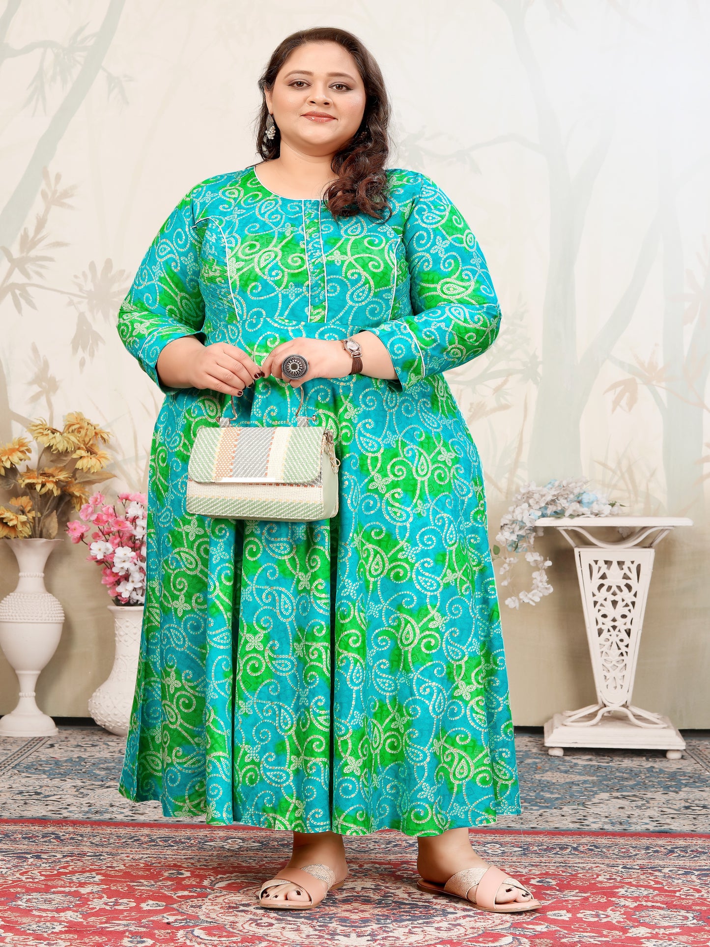Plus Size Cyan Green Bandhani Print Maxi Gown – Ethnic Flared Dress for Women