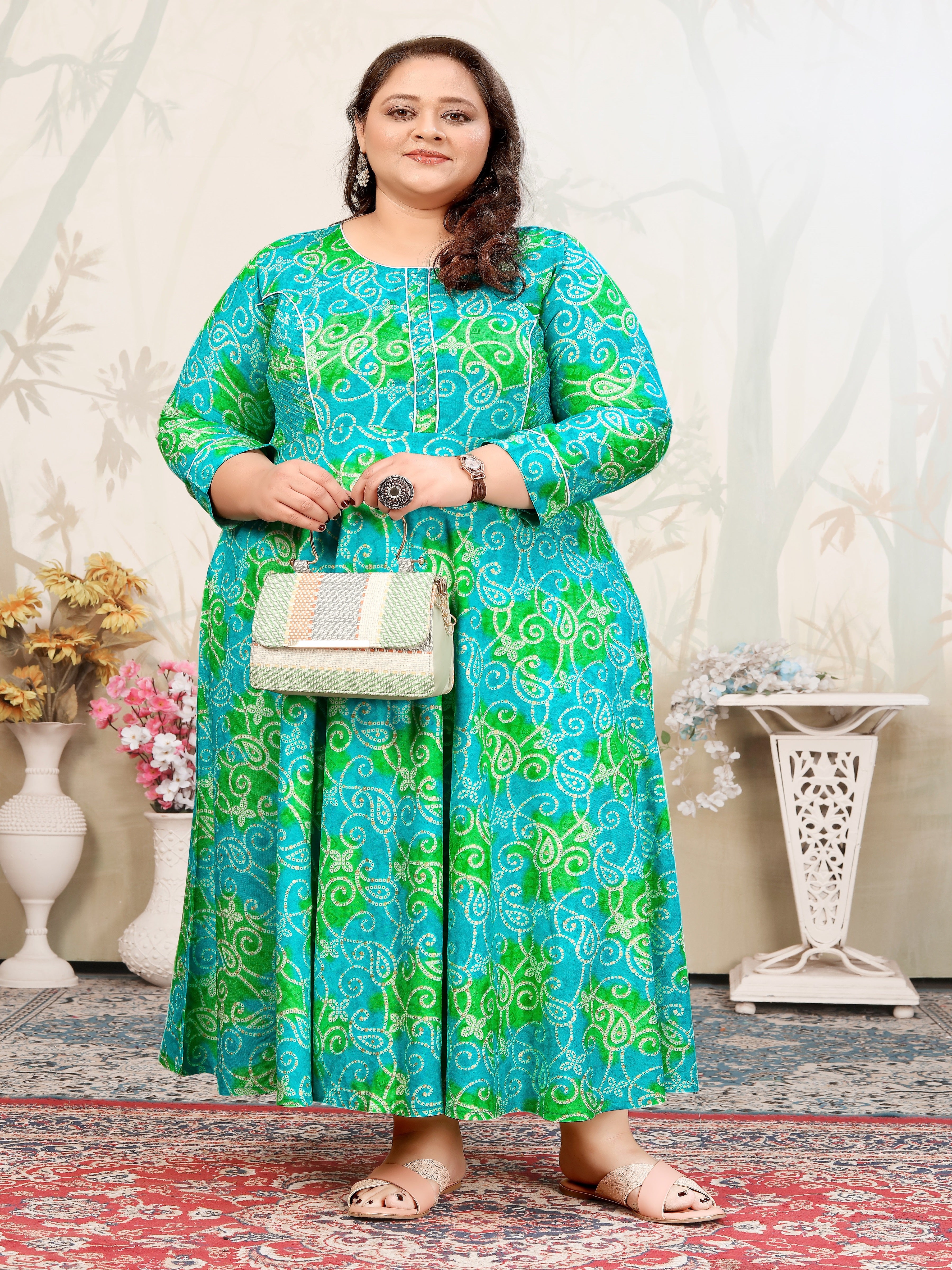 Plus Size Cyan Green Bandhani Print Maxi Gown – Ethnic Flared Dress for Women