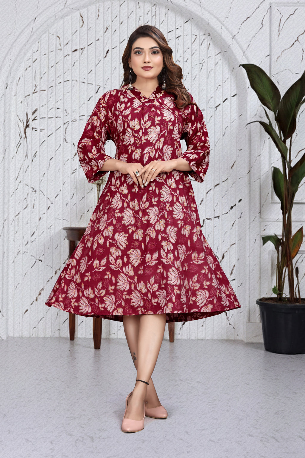 Wine Red Floral A-Line Dress Kurti