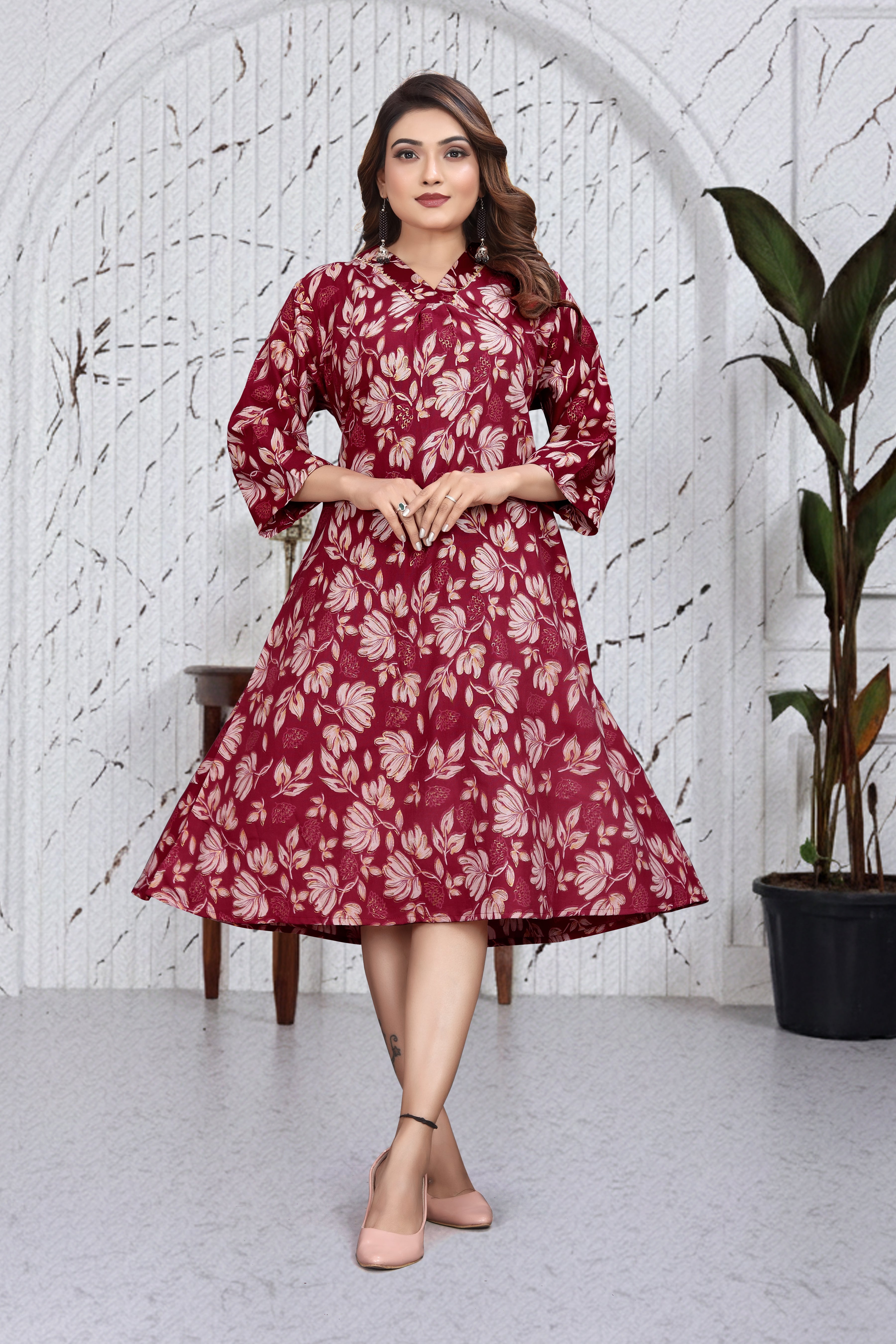 Wine Red Floral A-Line Dress Kurti