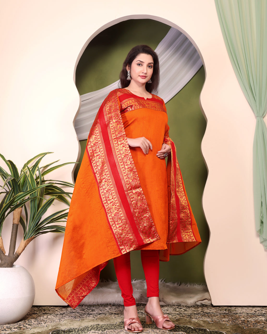 Vibrant Orange Kanchi Cotton Kurti Set with Rich Zari Dupatta