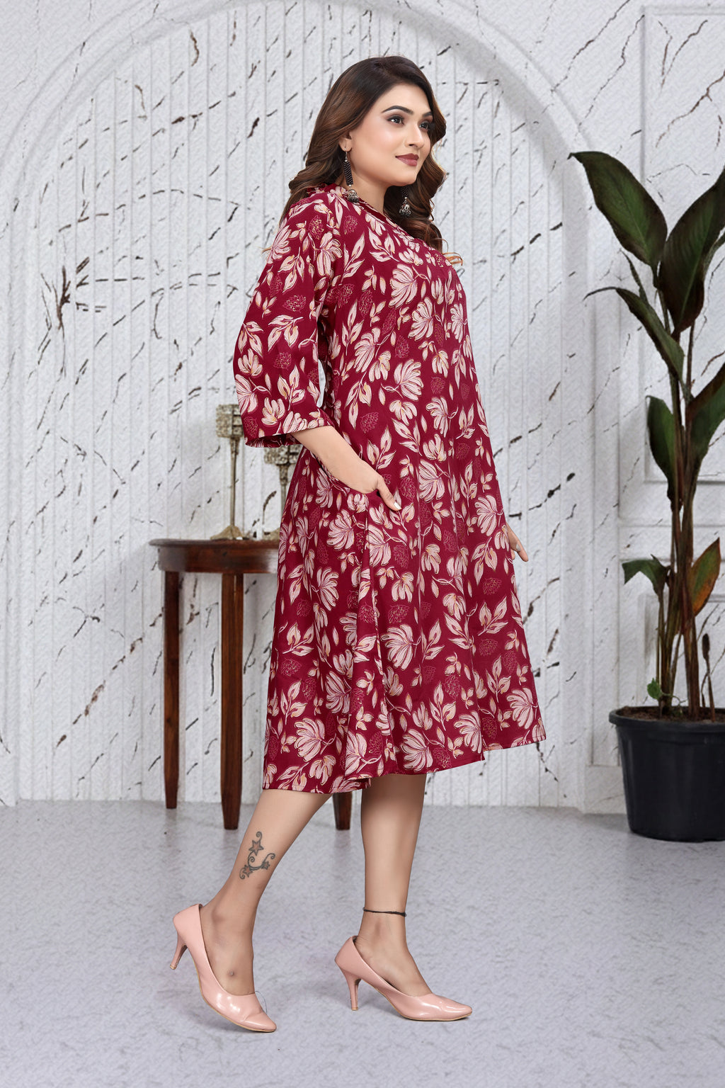 Wine Red Floral A-Line Dress Kurti