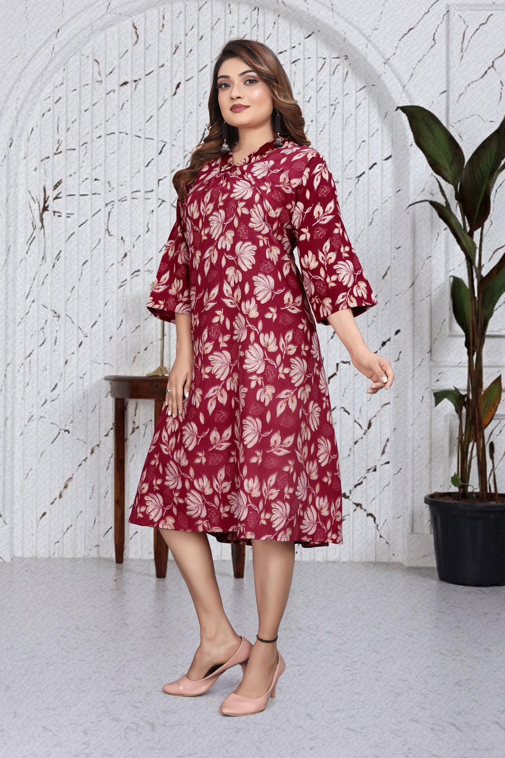 Wine Red Floral A-Line Dress Kurti