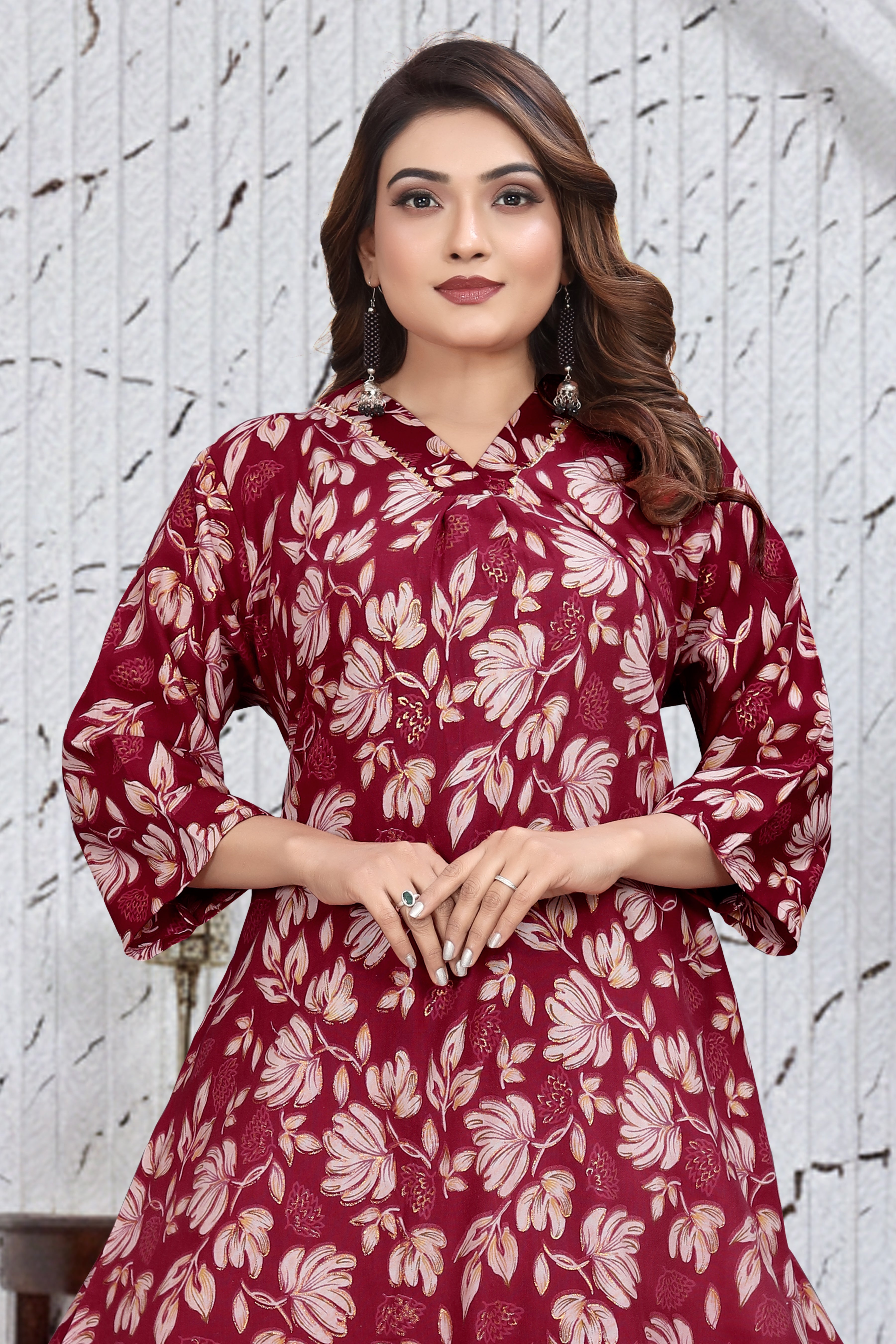 Wine Red Floral A-Line Dress Kurti