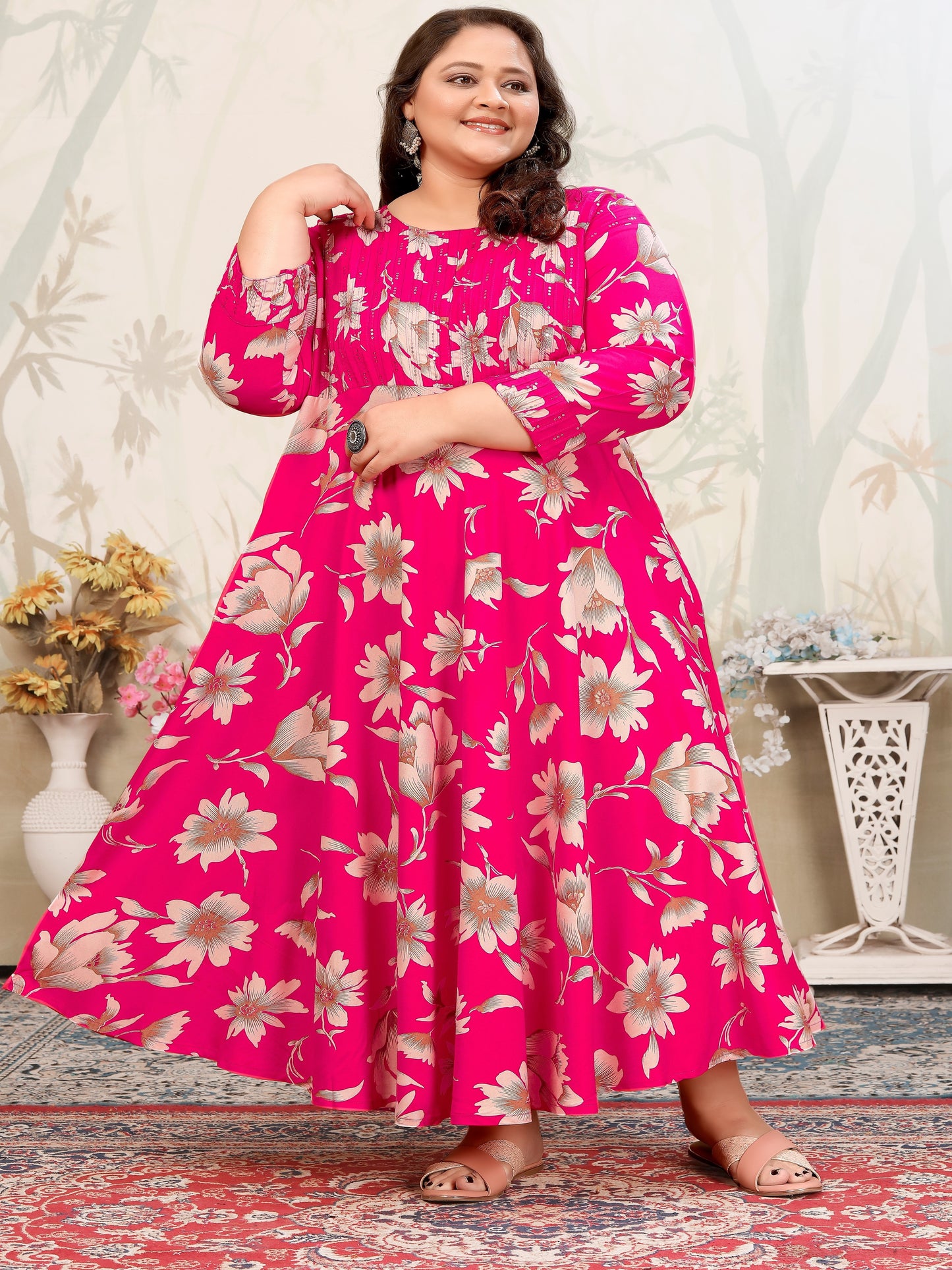 Plus Size Pink Floral Maxi Gown – Elegant Long Dress for Women