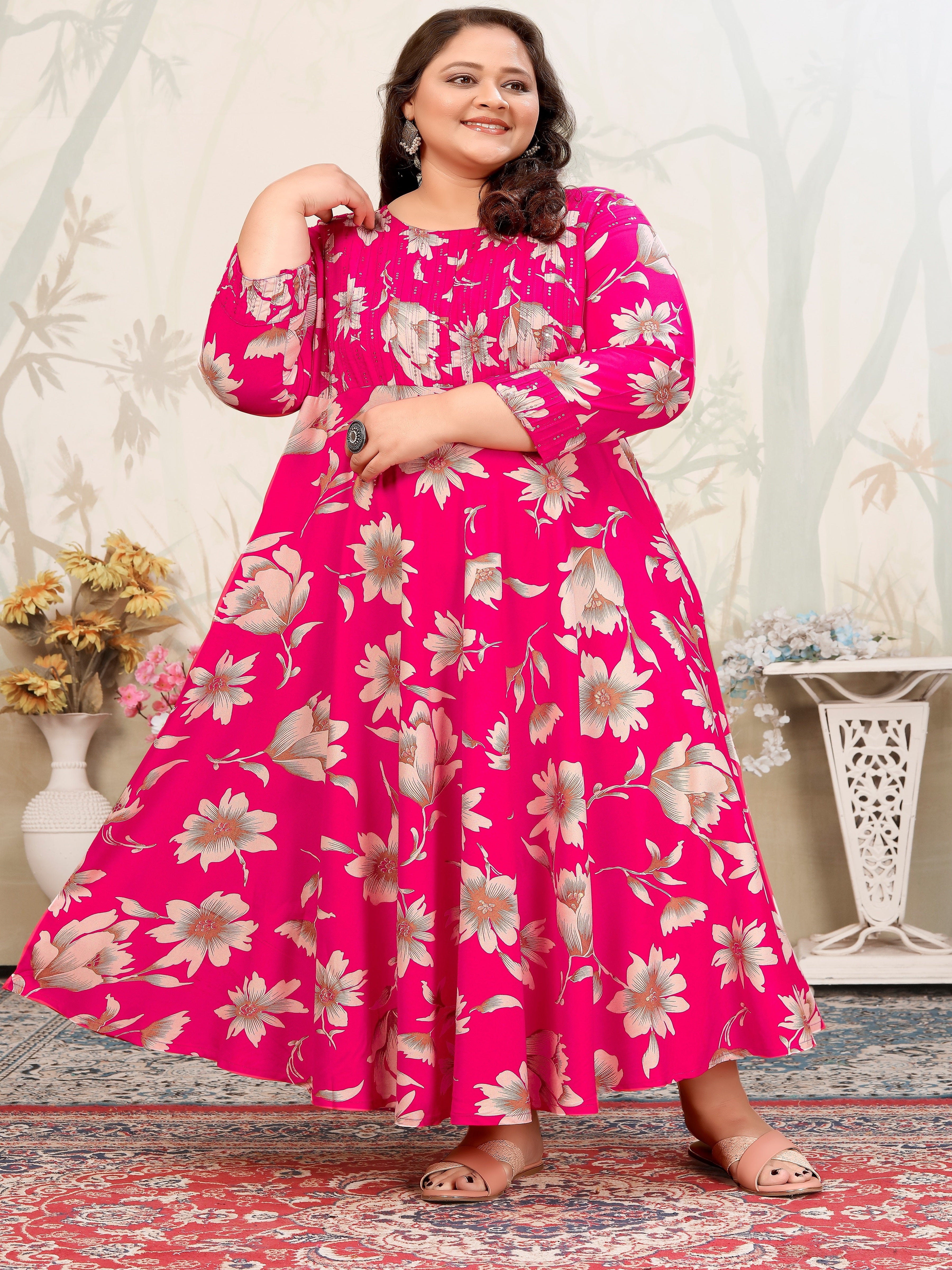 Plus Size Pink Floral Maxi Gown – Elegant Long Dress for Women