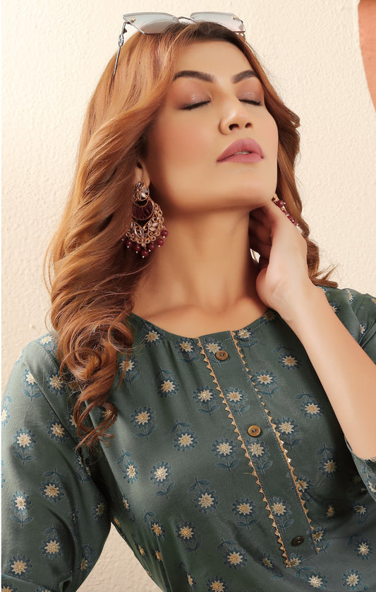 Blue Cyan Floral Printed Muslin Kurti for Women – Casual & Daily Wear