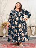 Plus Size Navy Blue Floral Maxi Gown – Elegant Long Dress for Women