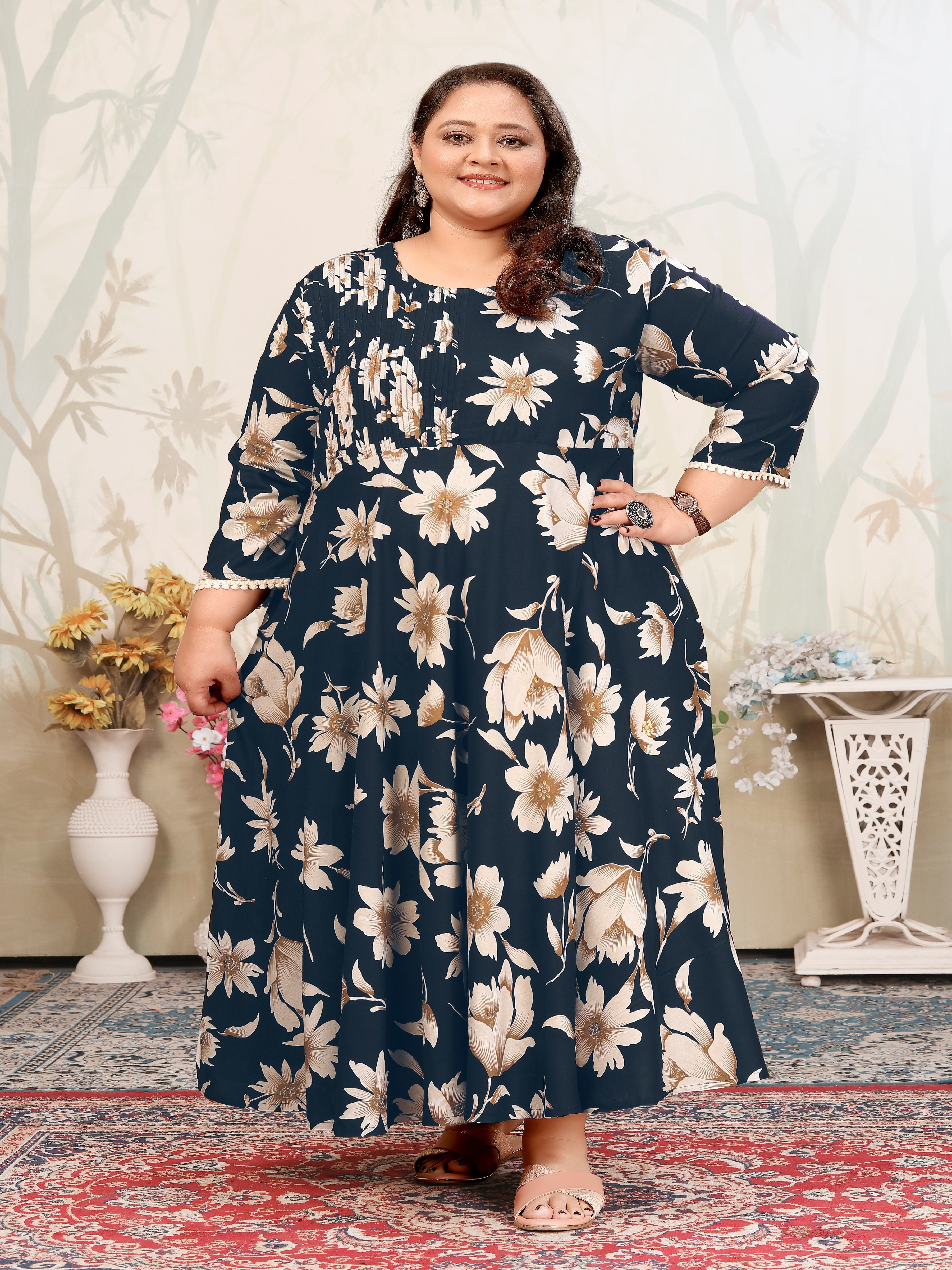 Plus Size Navy Blue Floral Maxi Gown – Elegant Long Dress for Women