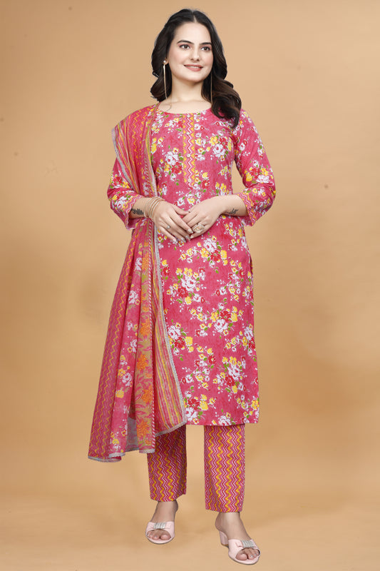 Pink Cotton Kurta Pant Set with Floral Print & Dupatta