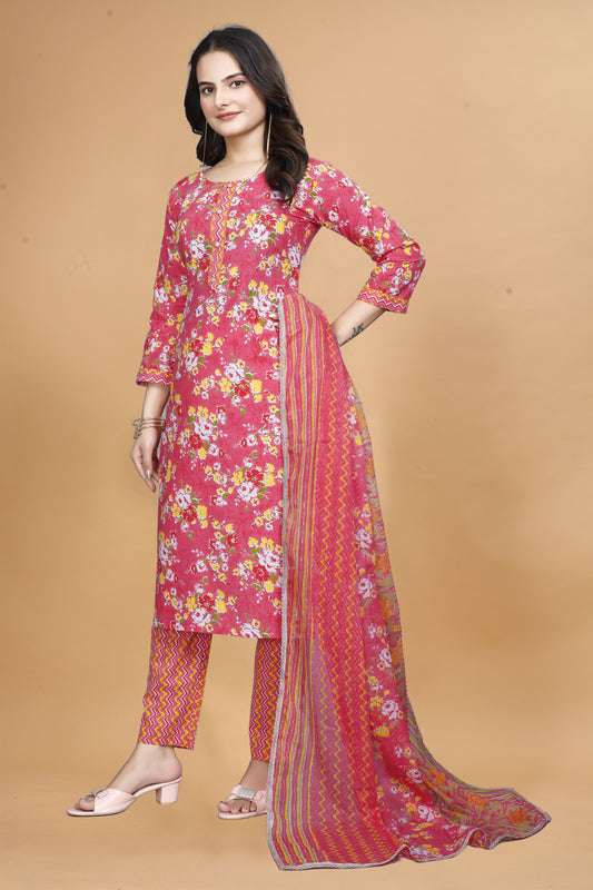 Pink Cotton Kurta Pant Set with Floral Print & Dupatta