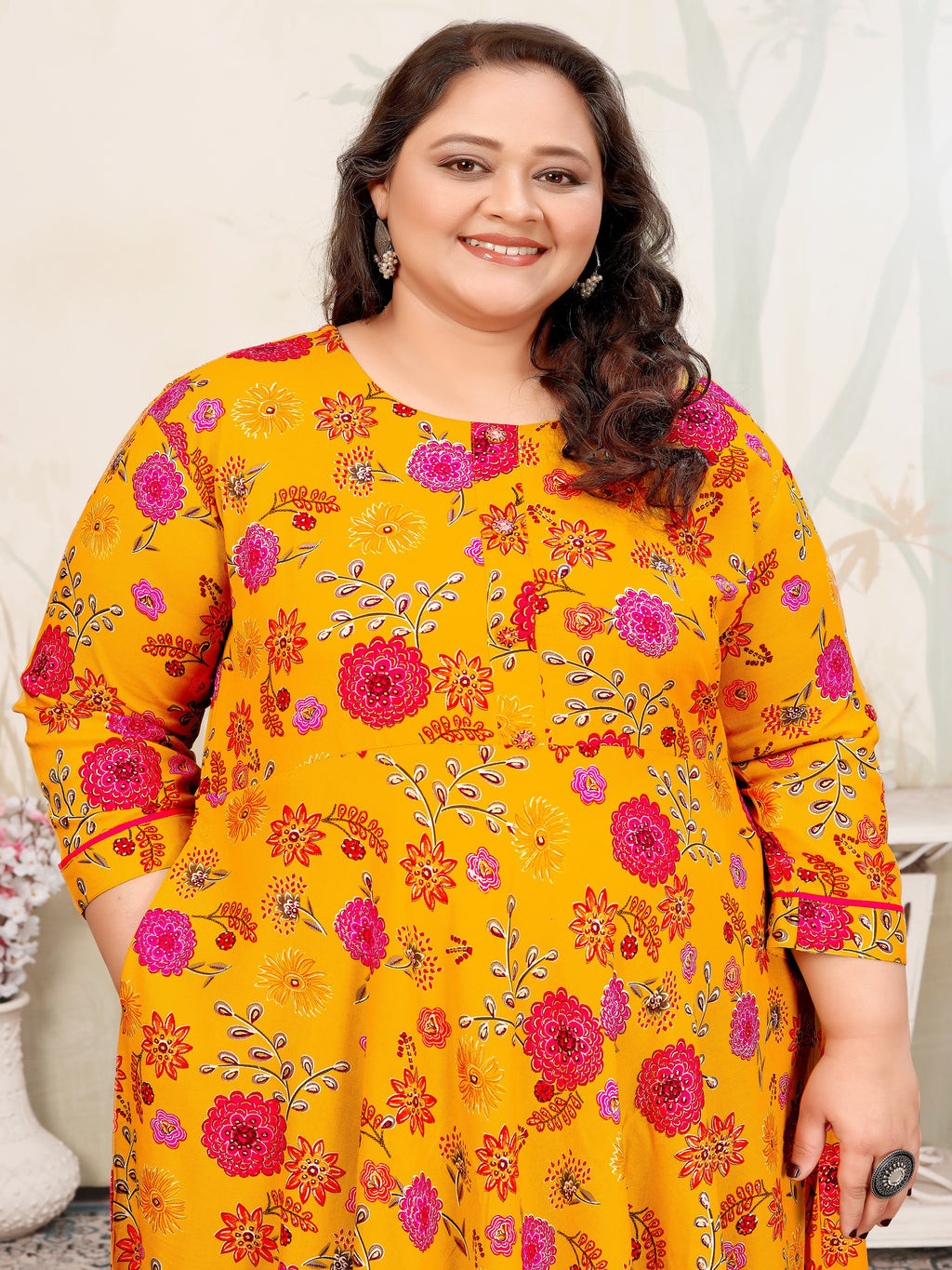 Plus Size Orange Floral Print Rayon Gown – Elegant & Breathable