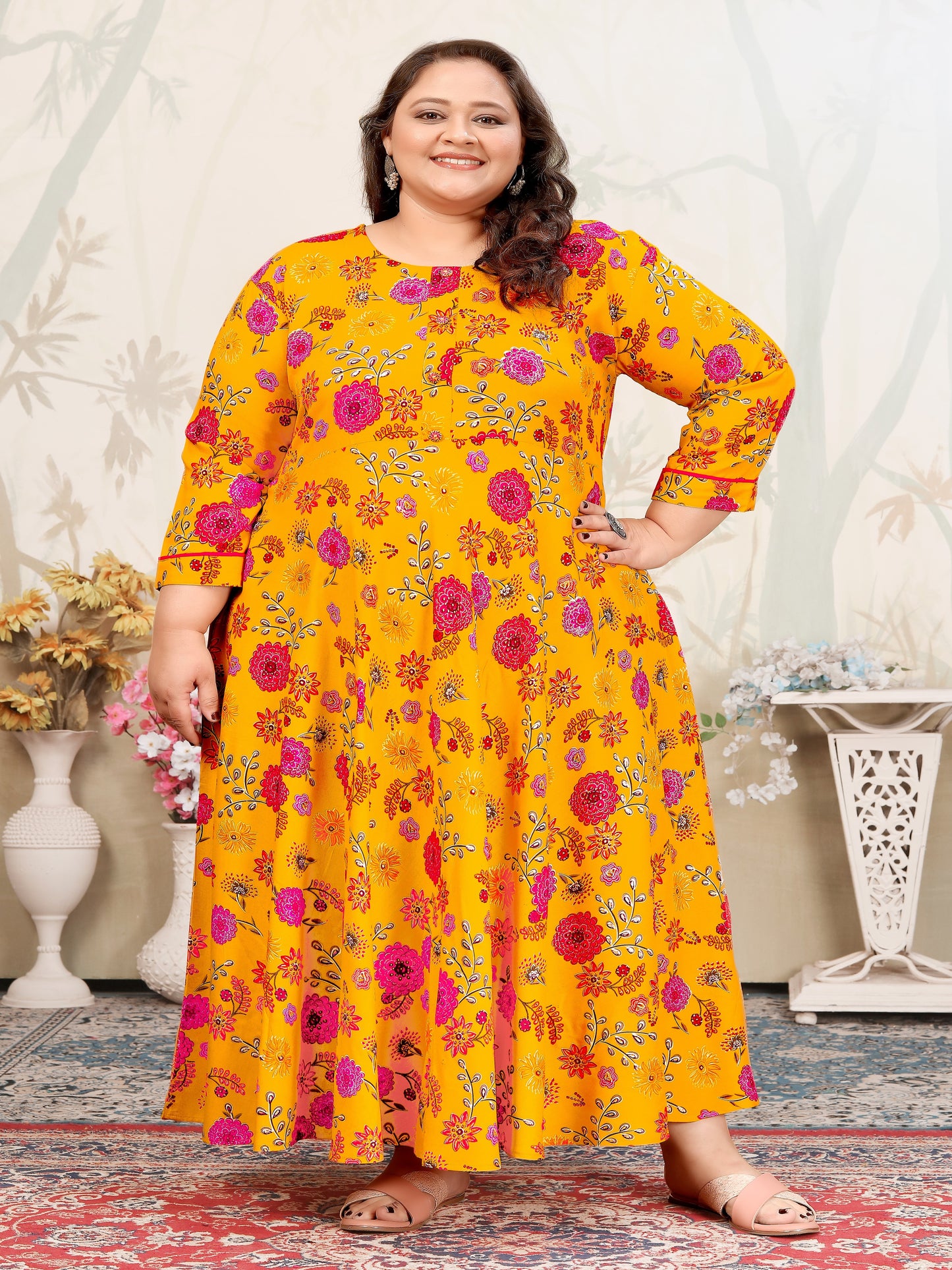 Plus Size Orange Floral Print Rayon Gown – Elegant & Breathable
