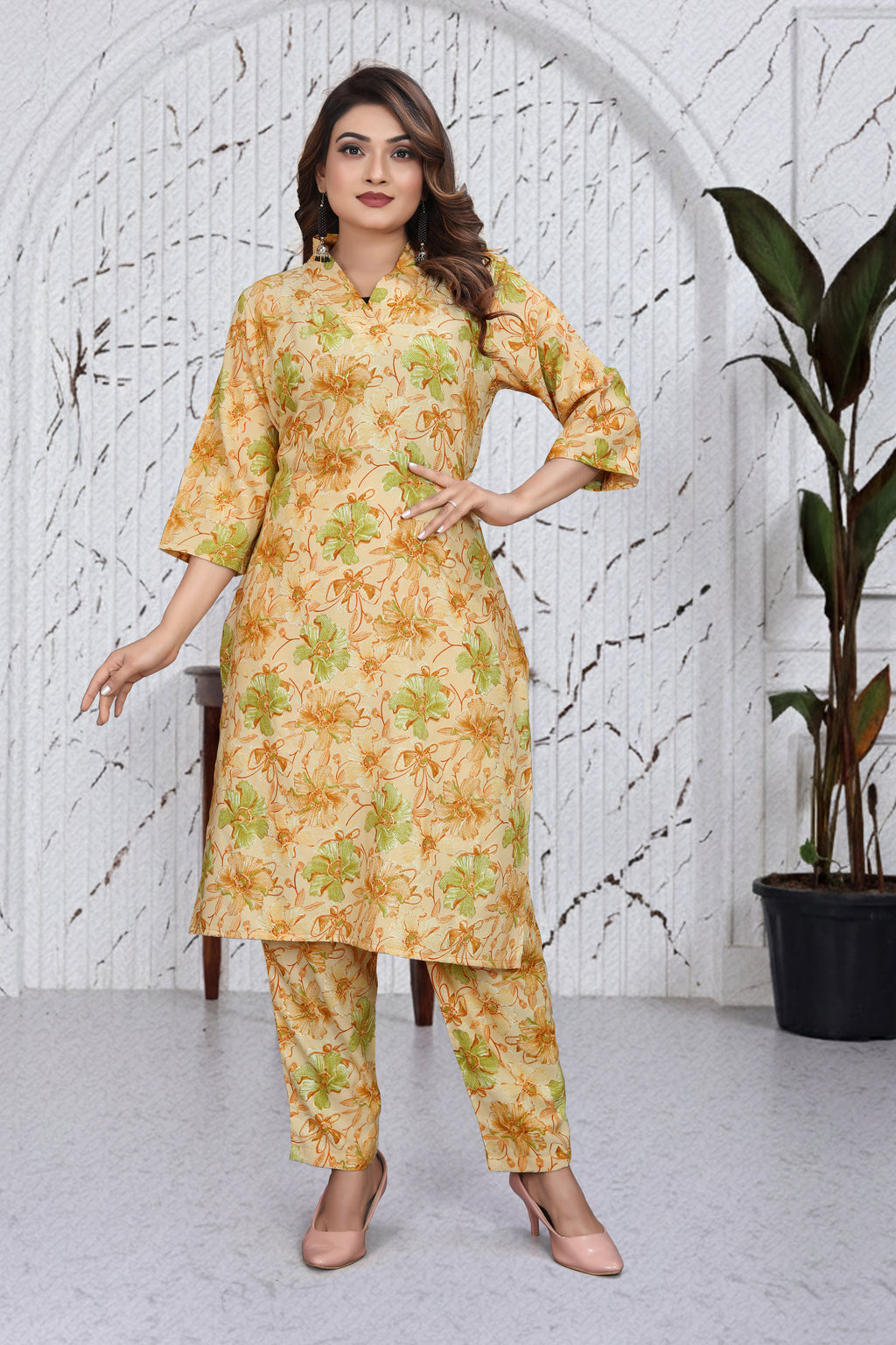 Pastel Floral Co-Ord Kurti Set | Elegant Top & Bottom Ethnic