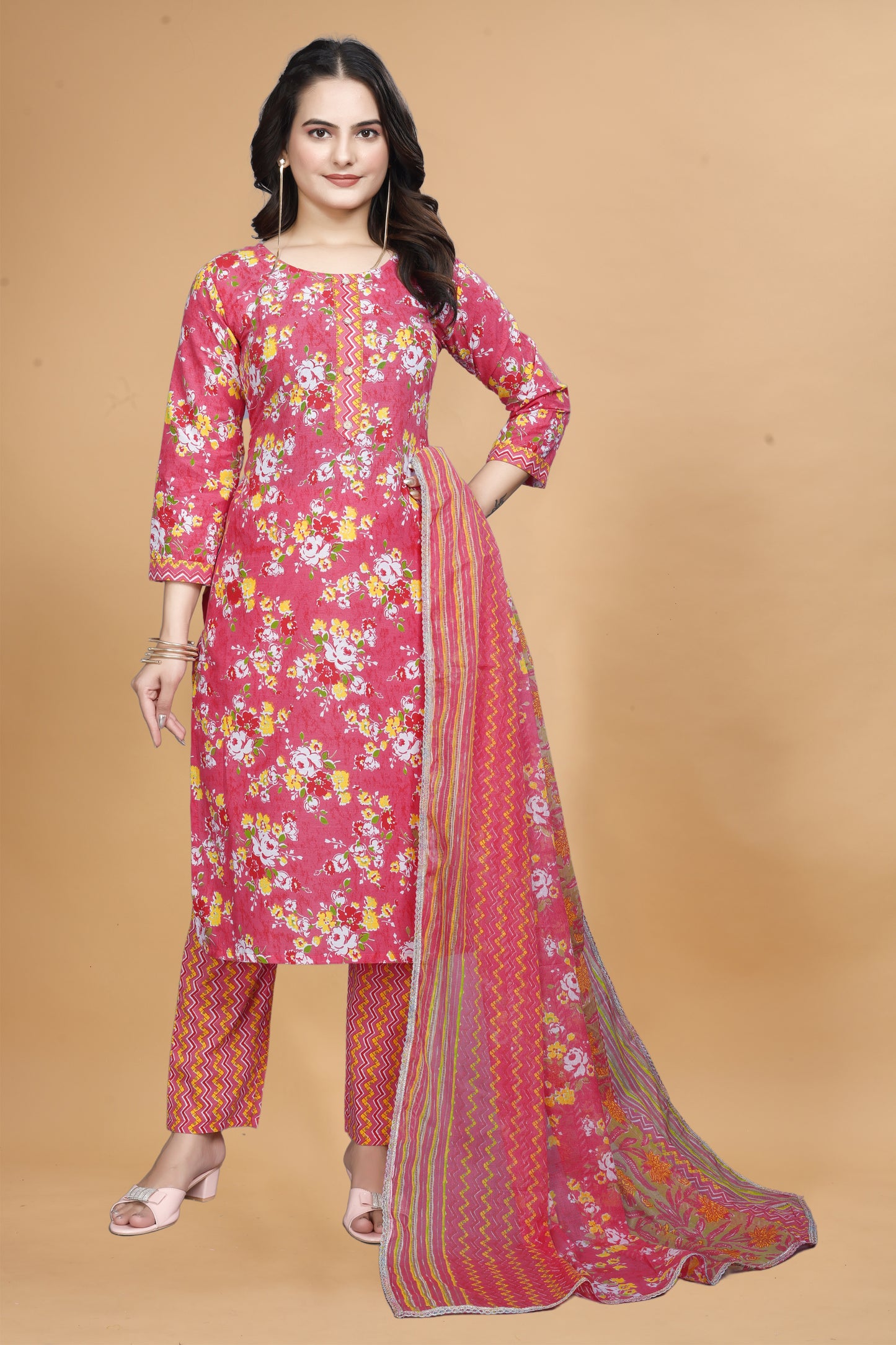 Pink Cotton Kurta Pant Set with Floral Print & Dupatta