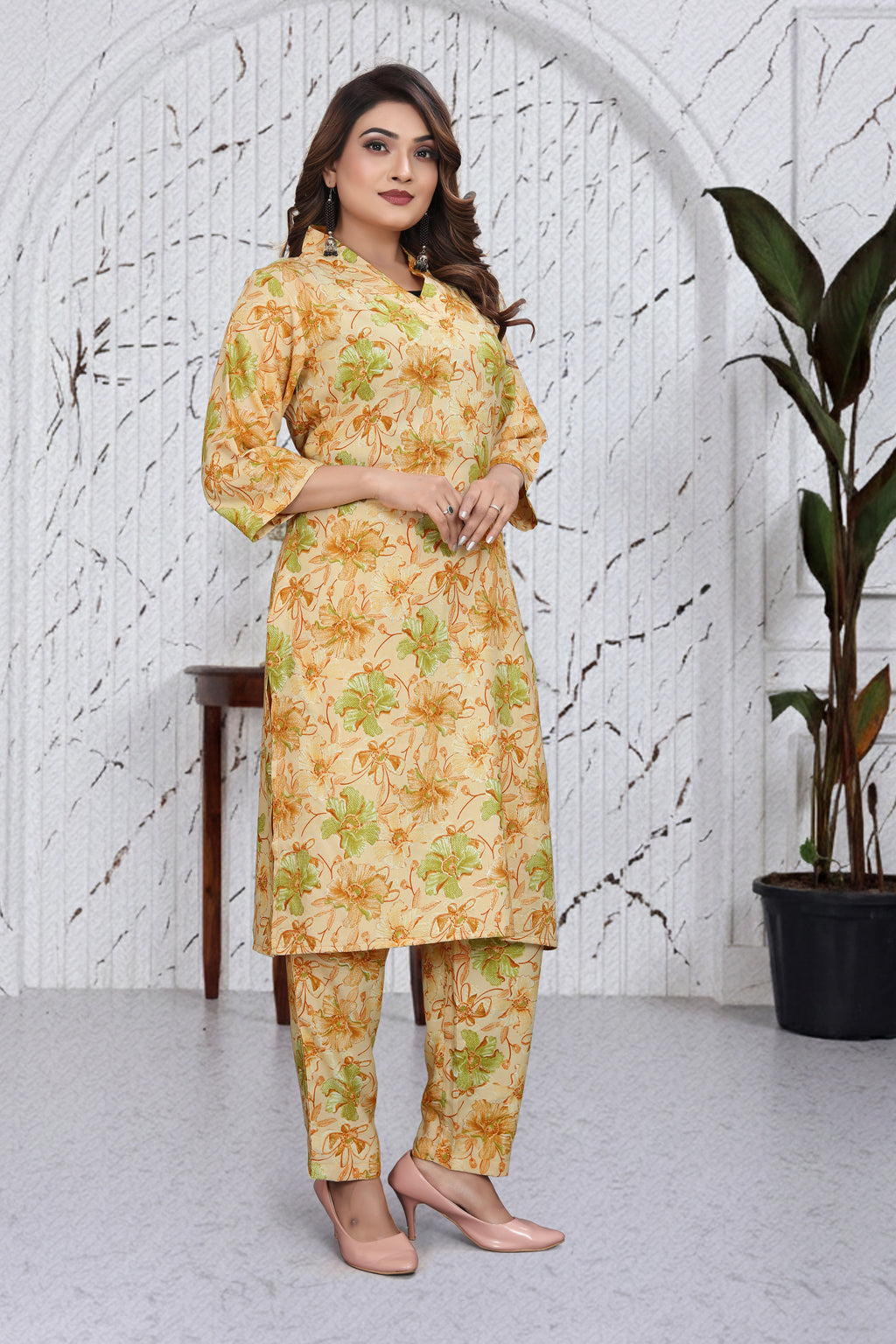 Pastel Floral Co-Ord Kurti Set | Elegant Top & Bottom Ethnic