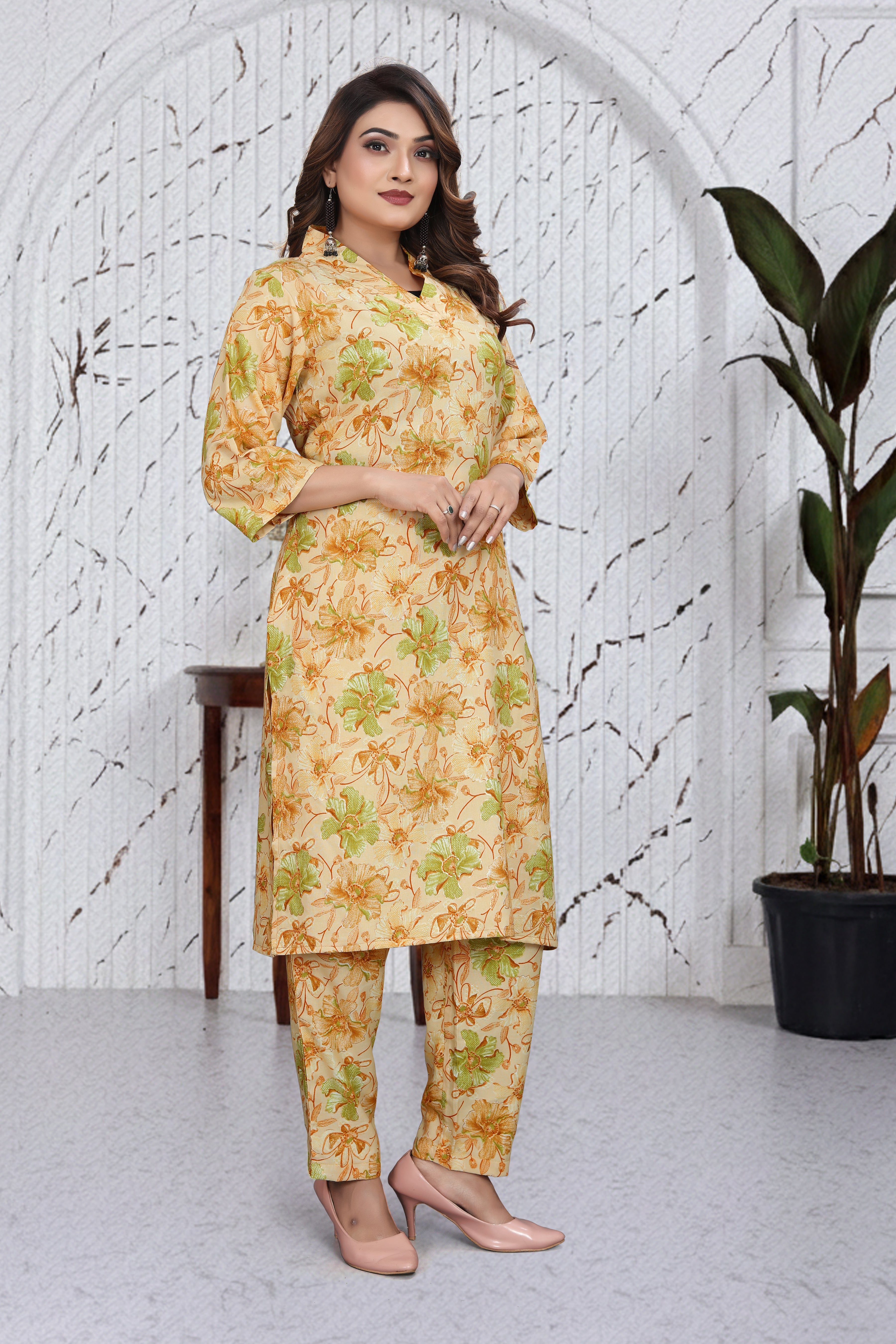 Pastel Floral Co-Ord Kurti Set | Elegant Top & Bottom Ethnic