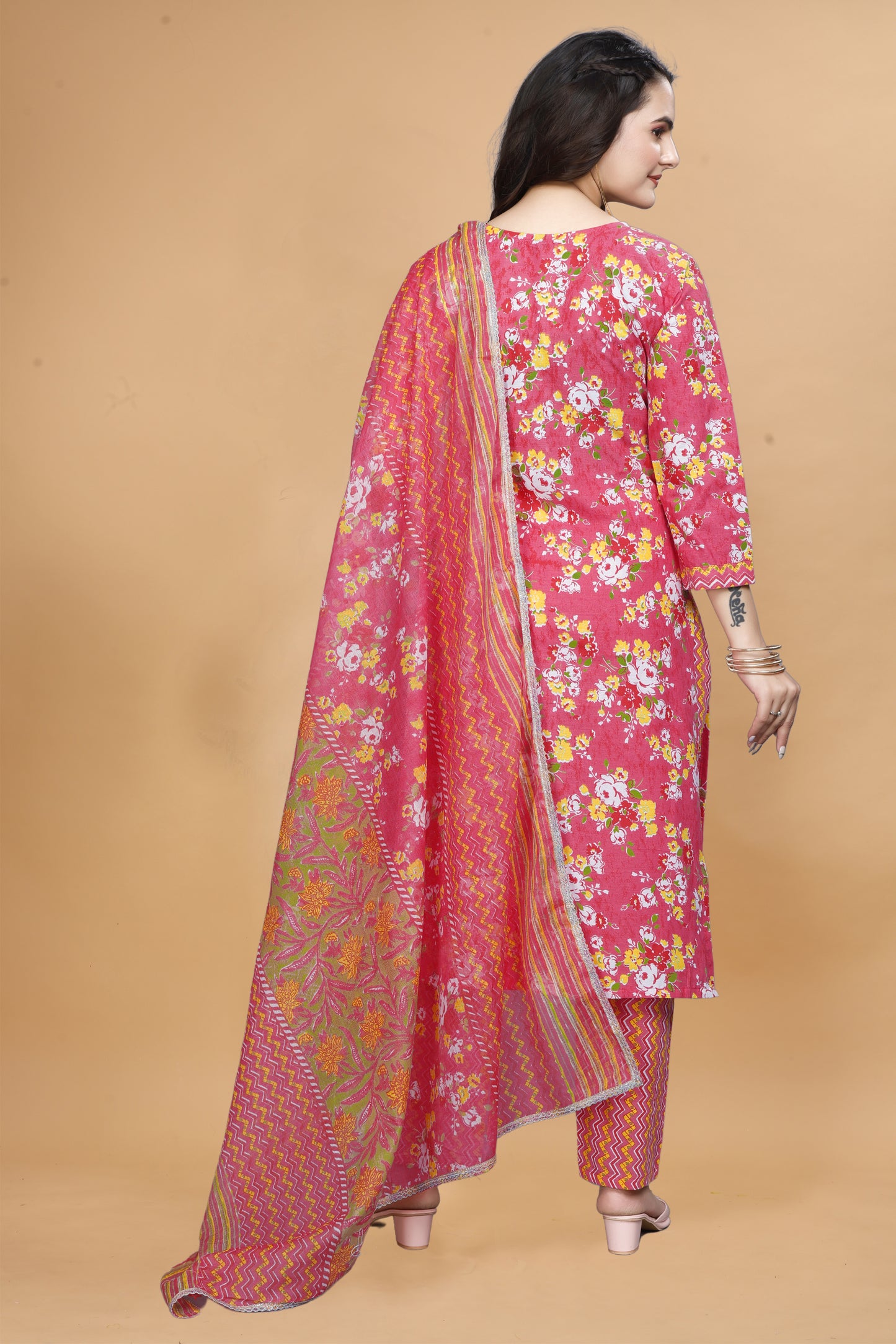 Pink Cotton Kurta Pant Set with Floral Print & Dupatta
