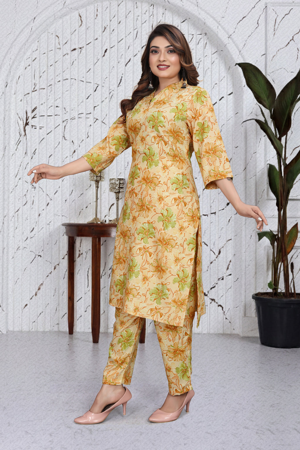 Pastel Floral Co-Ord Kurti Set | Elegant Top & Bottom Ethnic