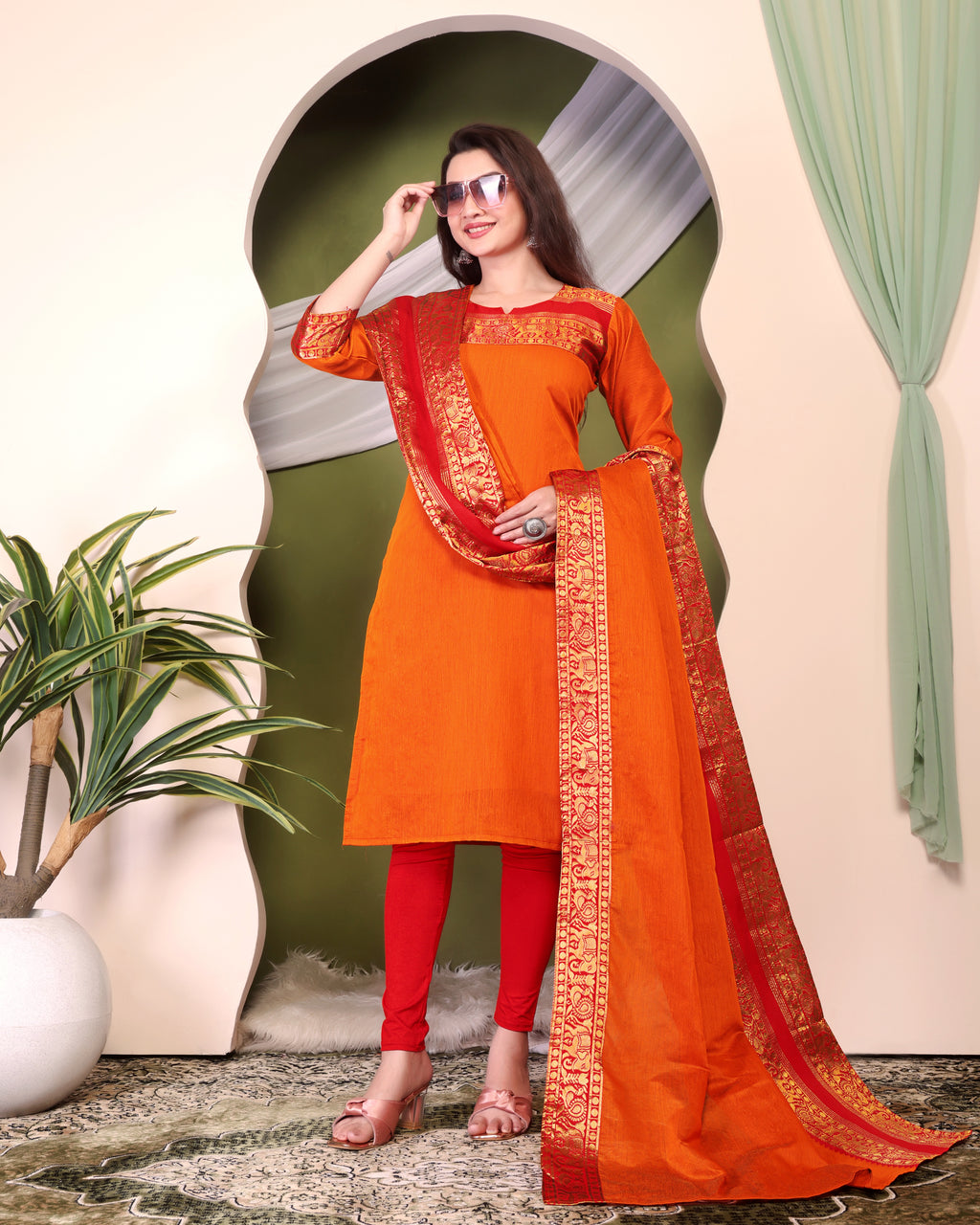 Vibrant Orange Kanchi Cotton Kurti Set with Rich Zari Dupatta