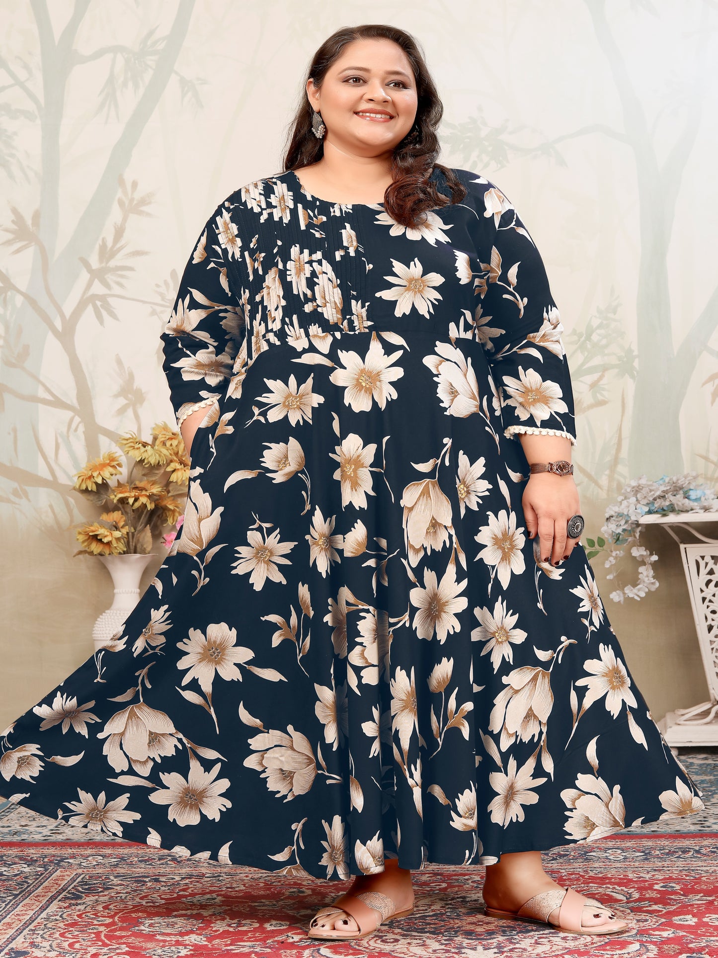 Plus Size Navy Blue Floral Maxi Gown – Elegant Long Dress for Women