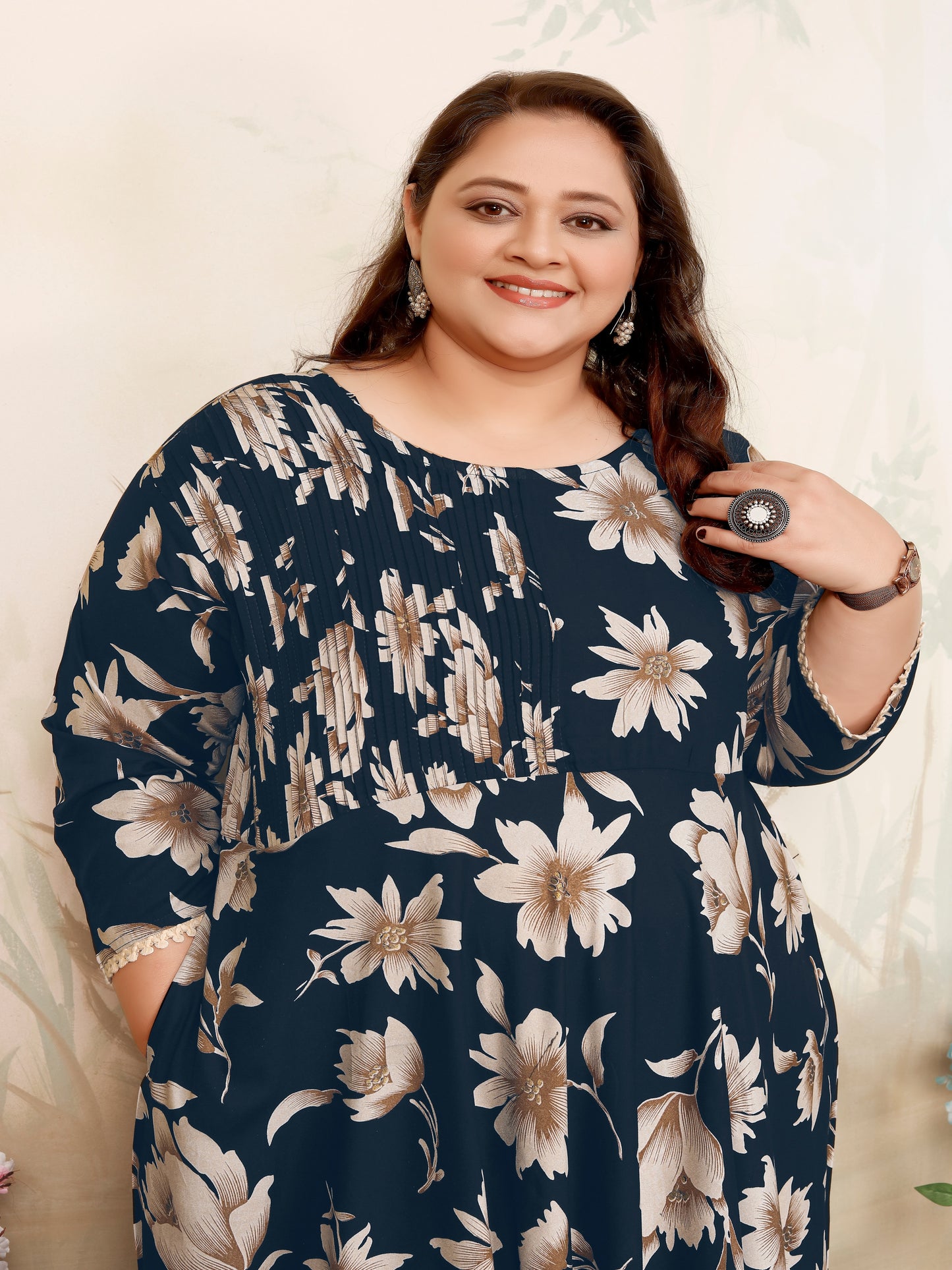 Plus Size Navy Blue Floral Maxi Gown – Elegant Long Dress for Women