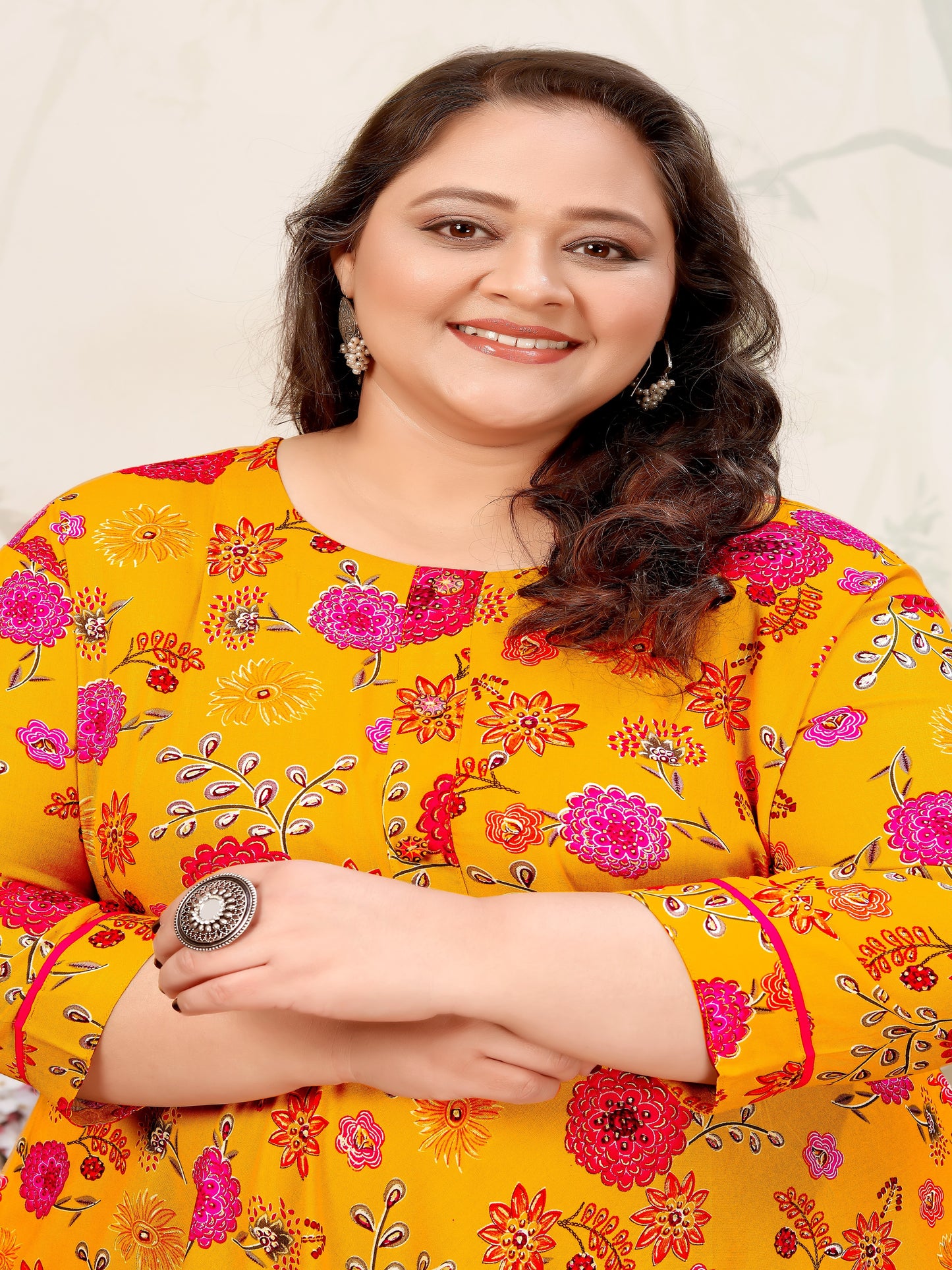 Plus Size Orange Floral Print Rayon Gown – Elegant & Breathable