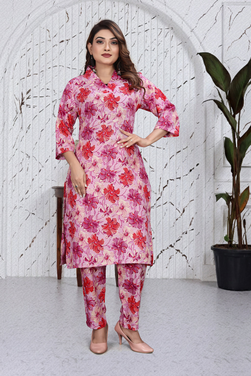 Blush Pink Floral Co-Ord Kurti Set