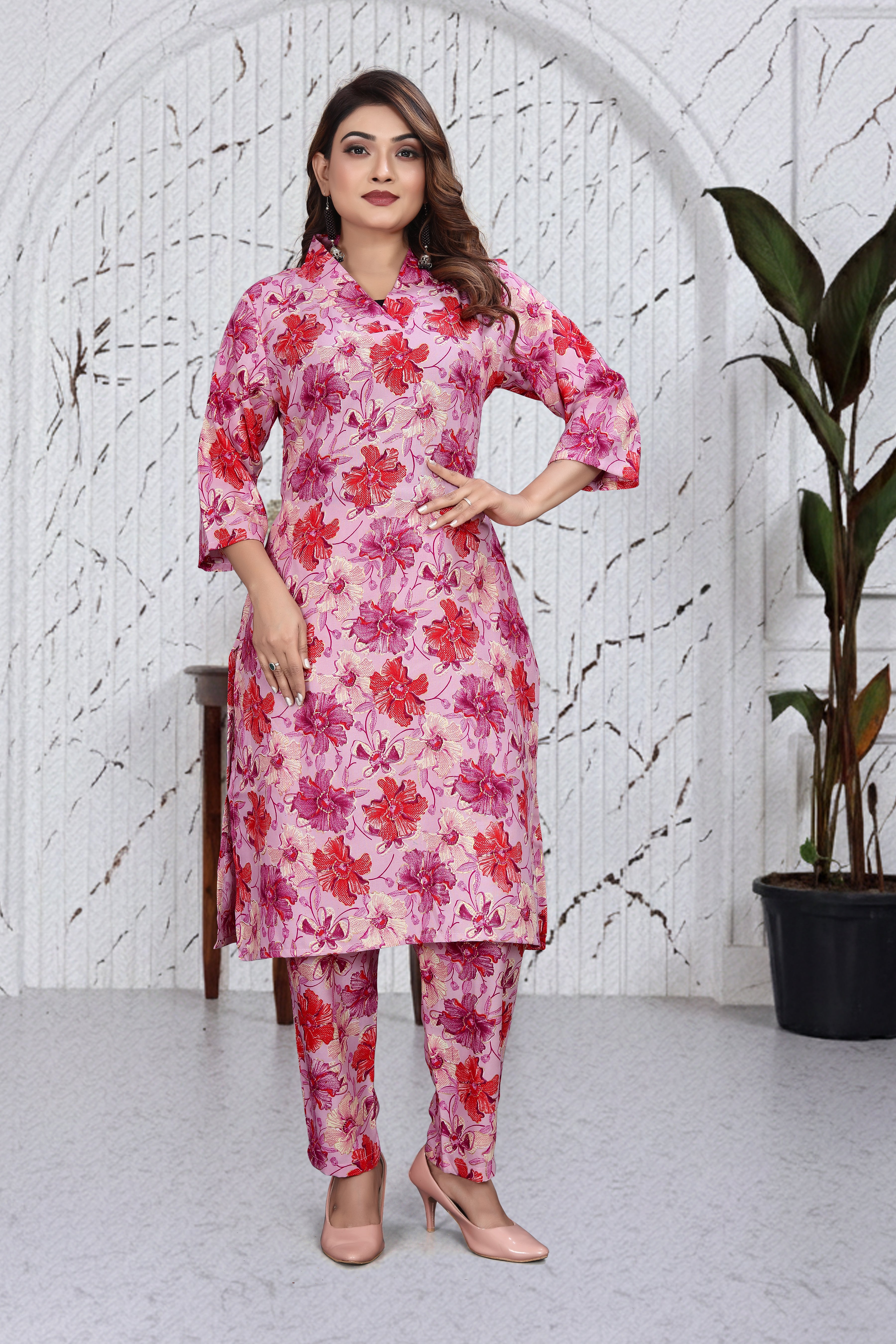 Blush Pink Floral Co-Ord Kurti Set