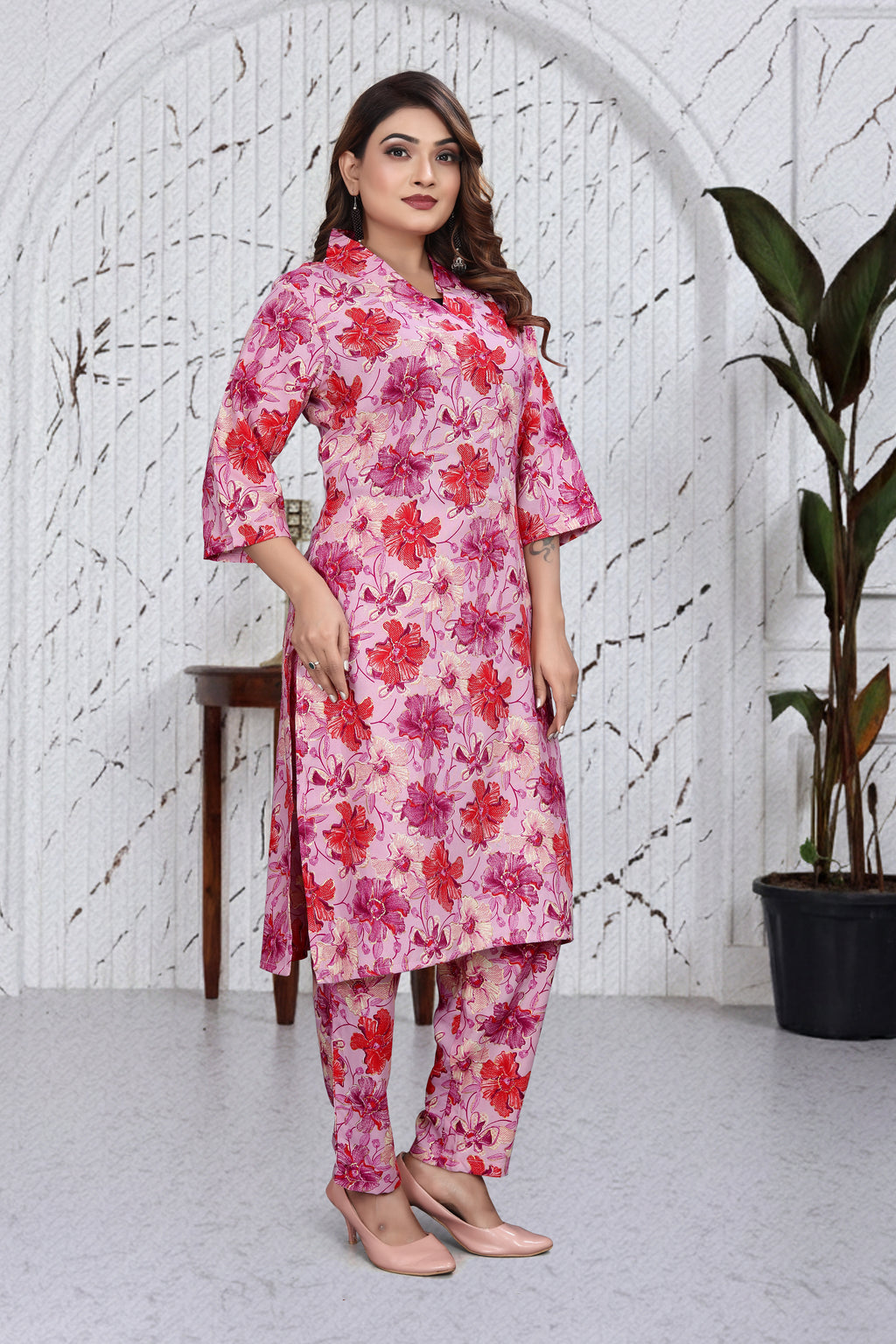 Blush Pink Floral Co-Ord Kurti Set