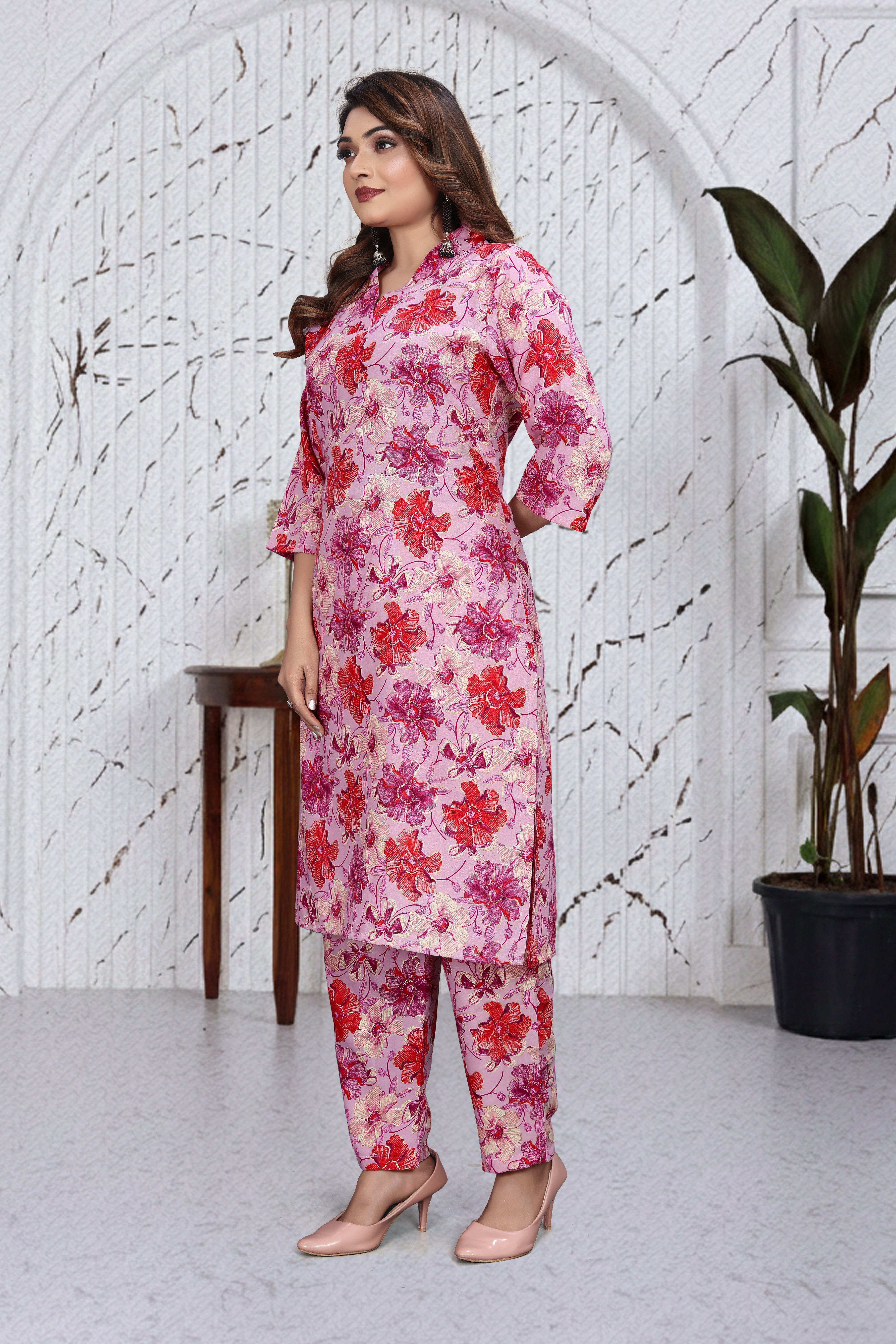 Blush Pink Floral Co-Ord Kurti Set