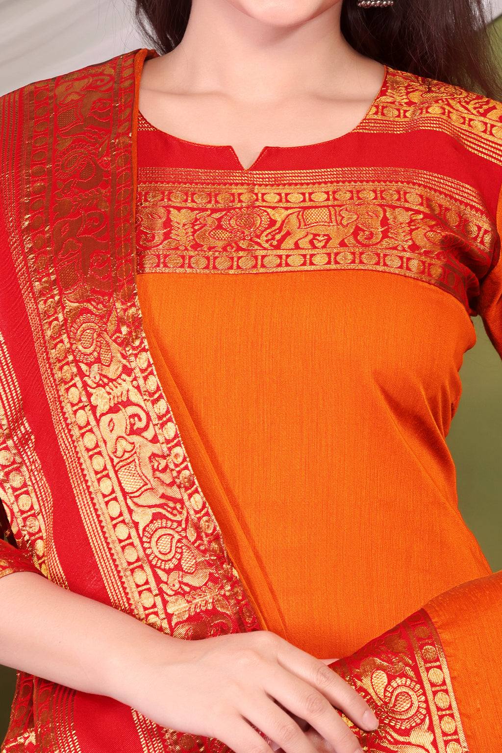 Vibrant Orange Kanchi Cotton Kurti Set with Rich Zari Dupatta