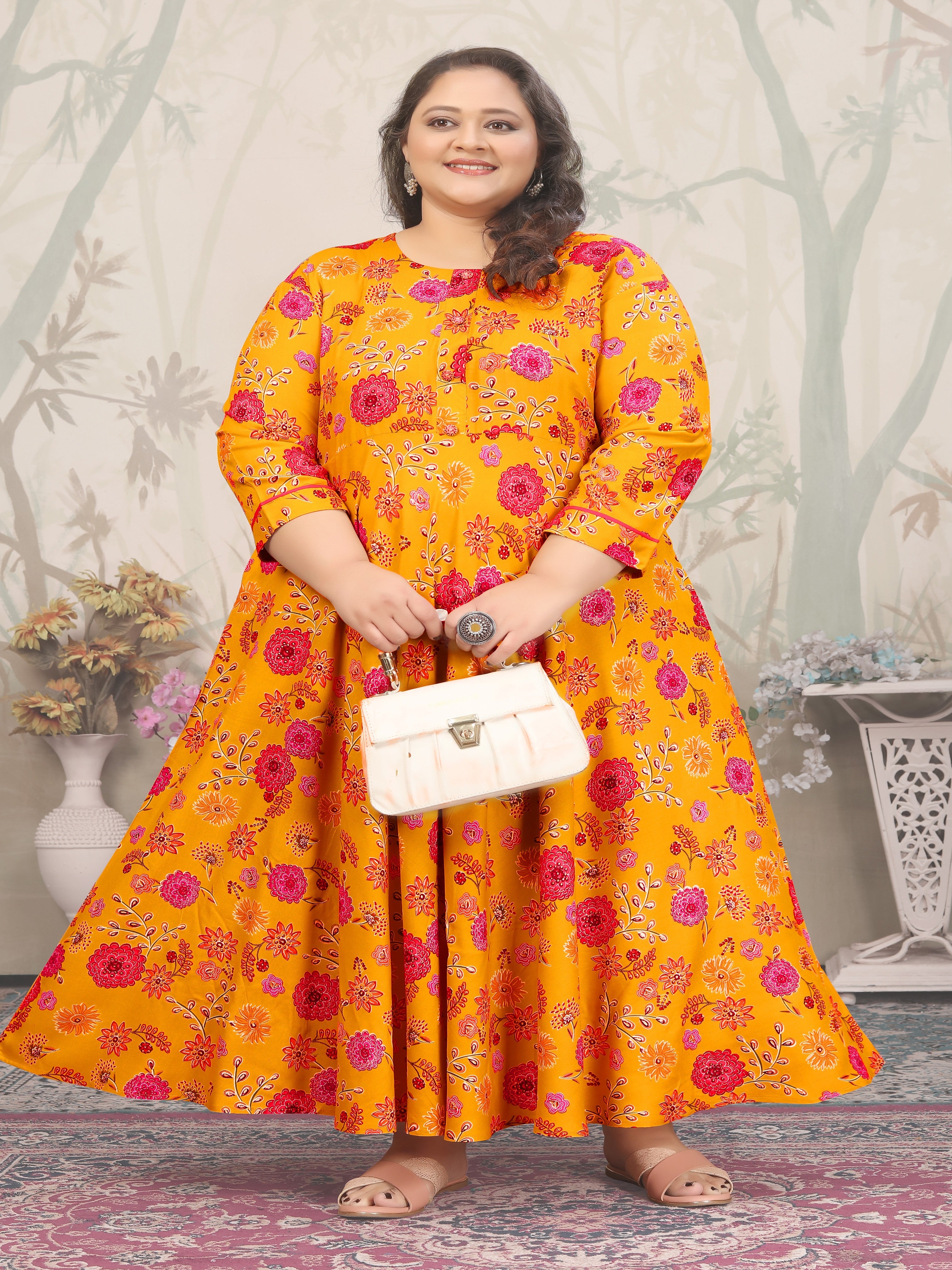 Plus Size Orange Floral Print Rayon Gown – Elegant & Breathable