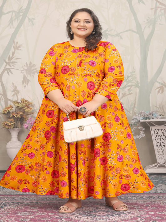 Plus Size Orange Floral Print Rayon Gown – Elegant & Breathable