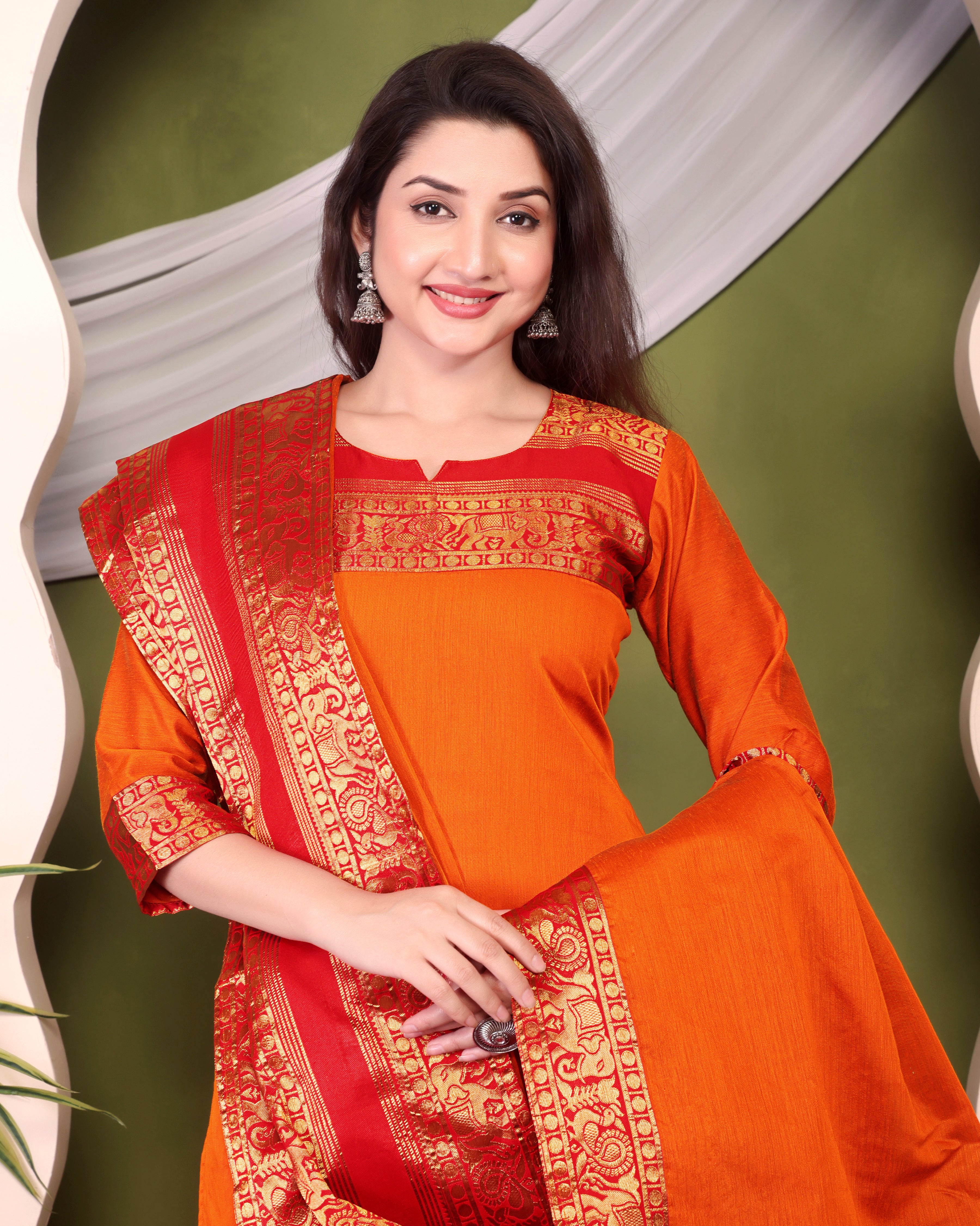 Vibrant Orange Kanchi Cotton Kurti Set with Rich Zari Dupatta