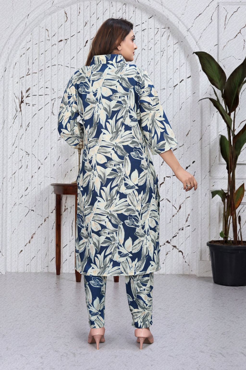 Slate Blue Floral Co-Ord Kurti Set