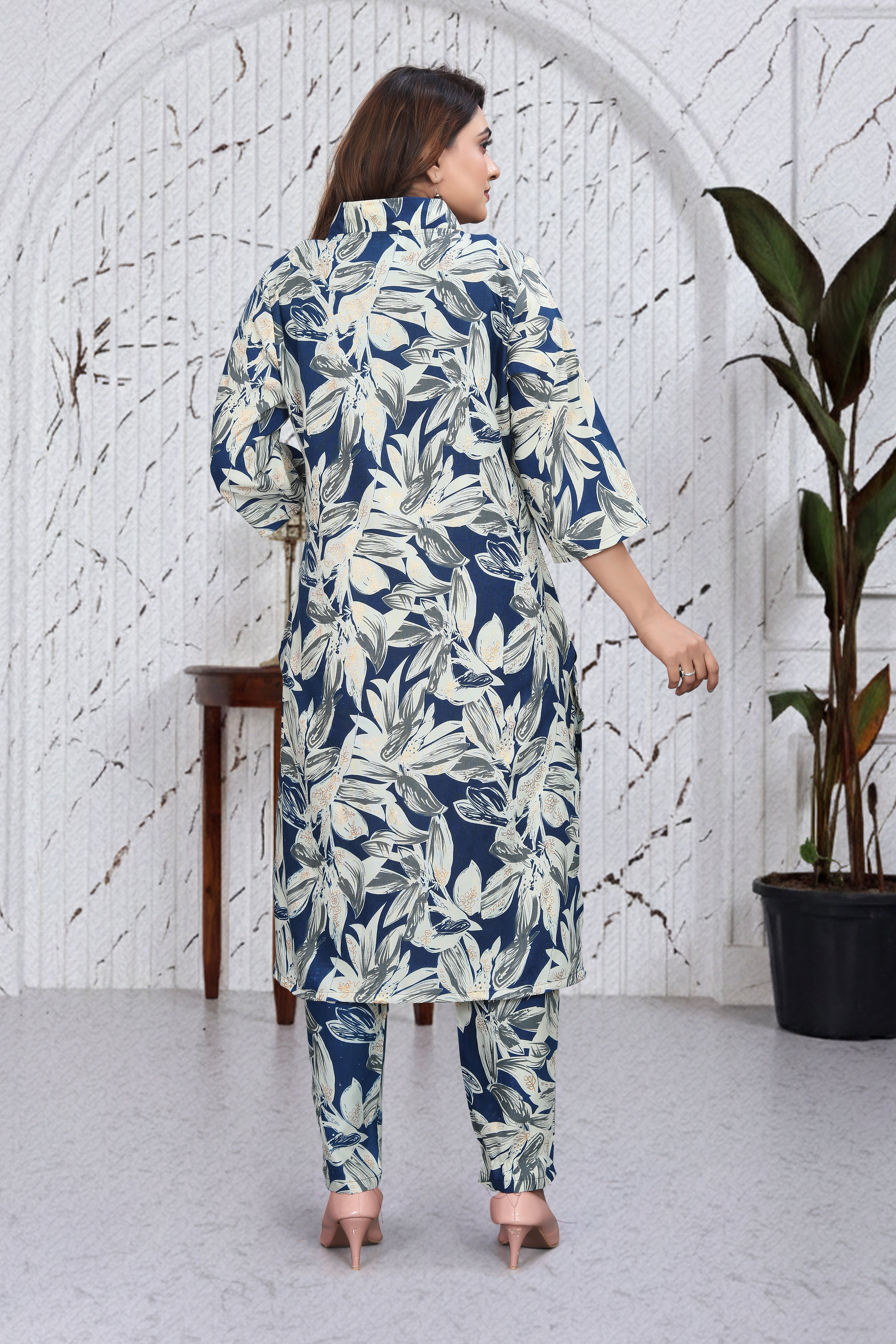 Slate Blue Floral Co-Ord Kurti Set