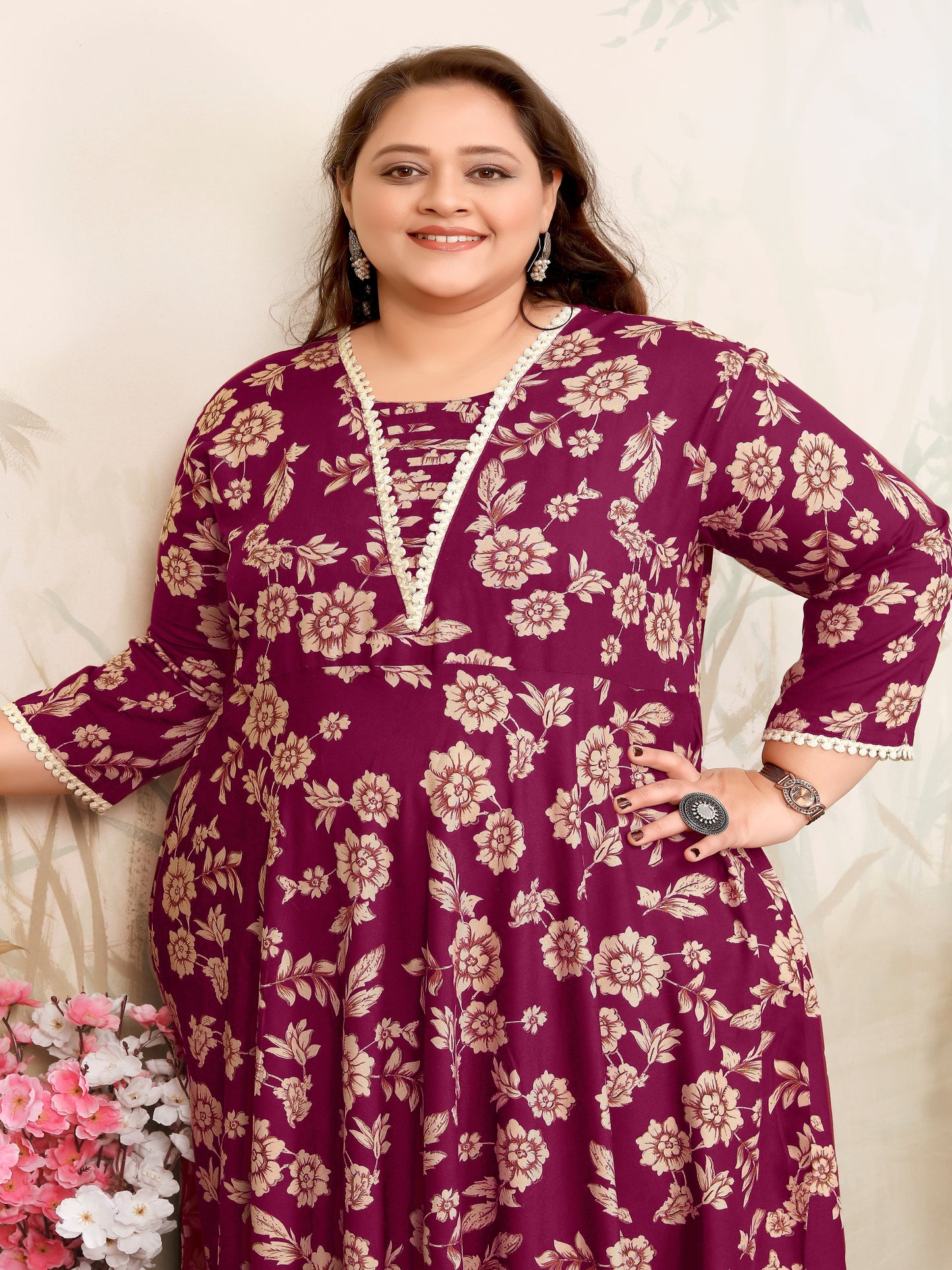 Plus Size Magenta Floral Maxi Gown – Elegant Long Dress for Women