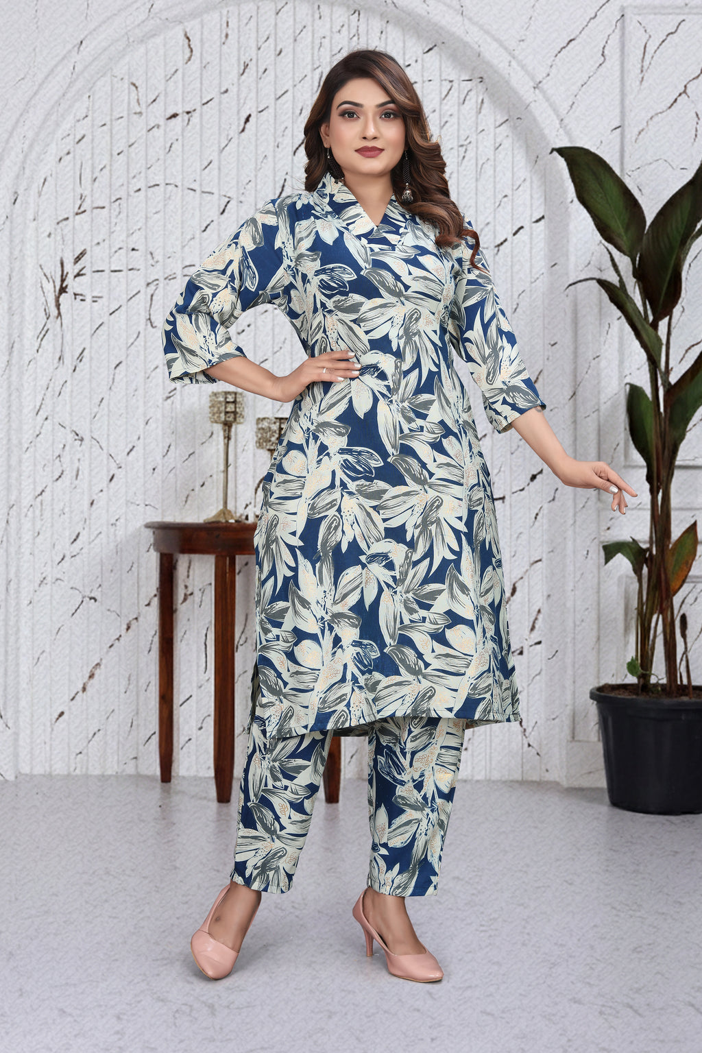 Slate Blue Floral Co-Ord Kurti Set