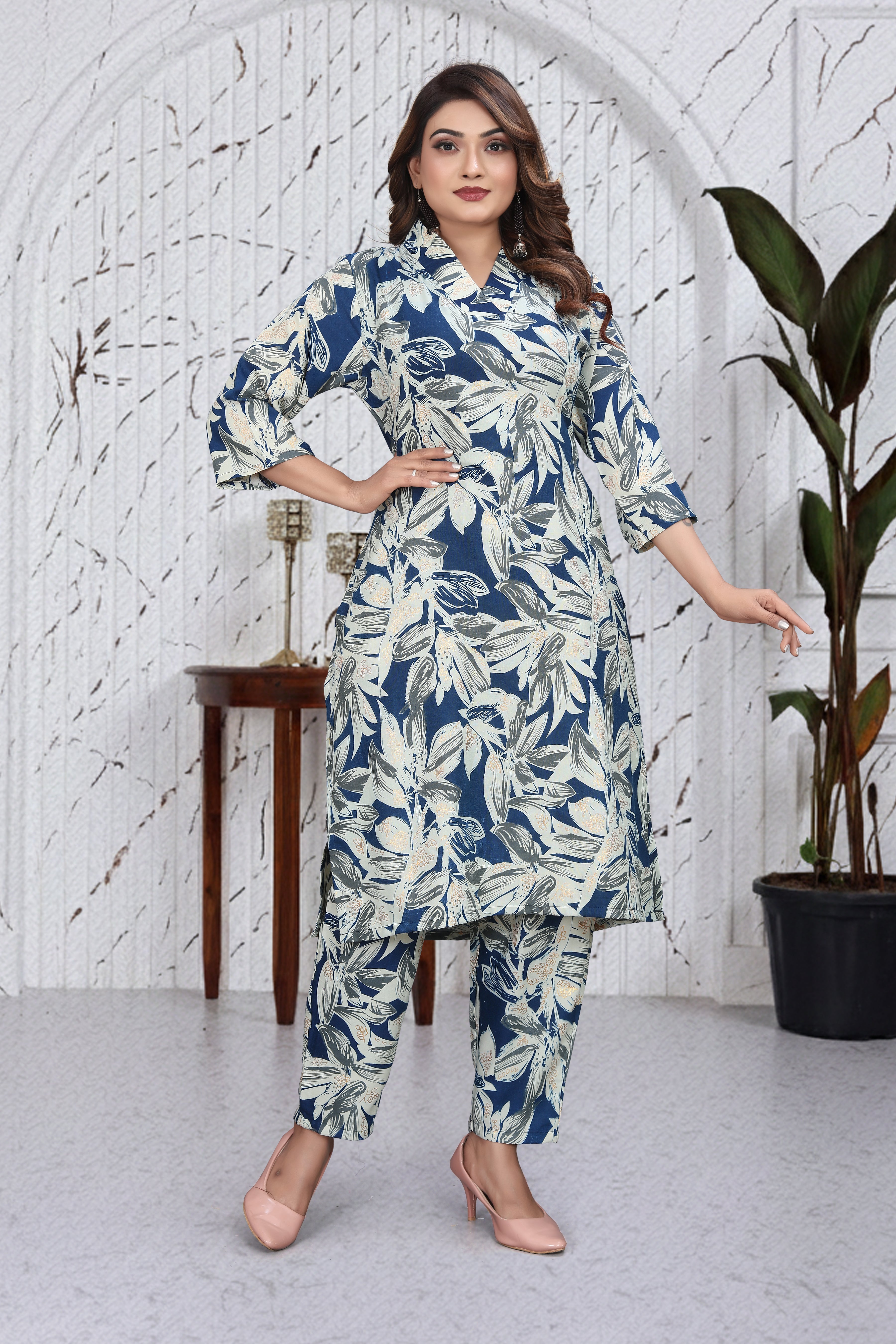 Slate Blue Floral Co-Ord Kurti Set