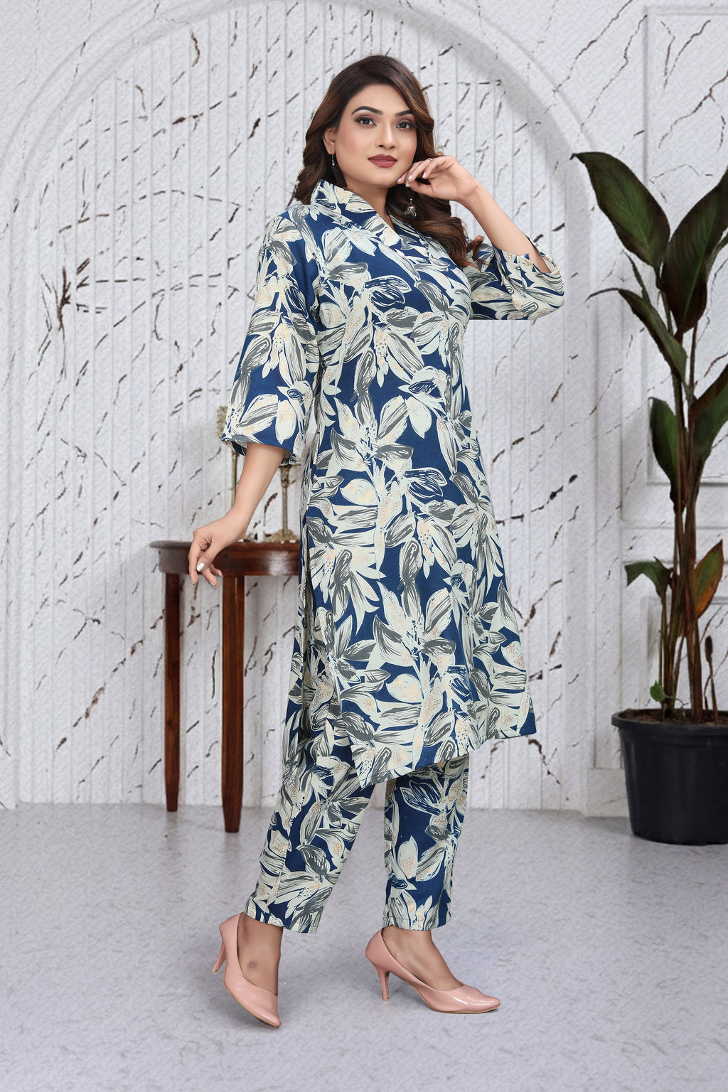 Slate Blue Floral Co-Ord Kurti Set