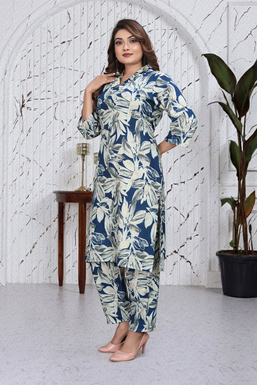 Slate Blue Floral Co-Ord Kurti Set